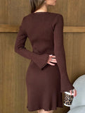 Slim fit flared sleeves raw edge V-neck dress