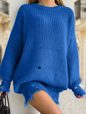 Round neck and ripped hem loose knit sweater