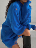 Round neck and ripped hem loose knit sweater