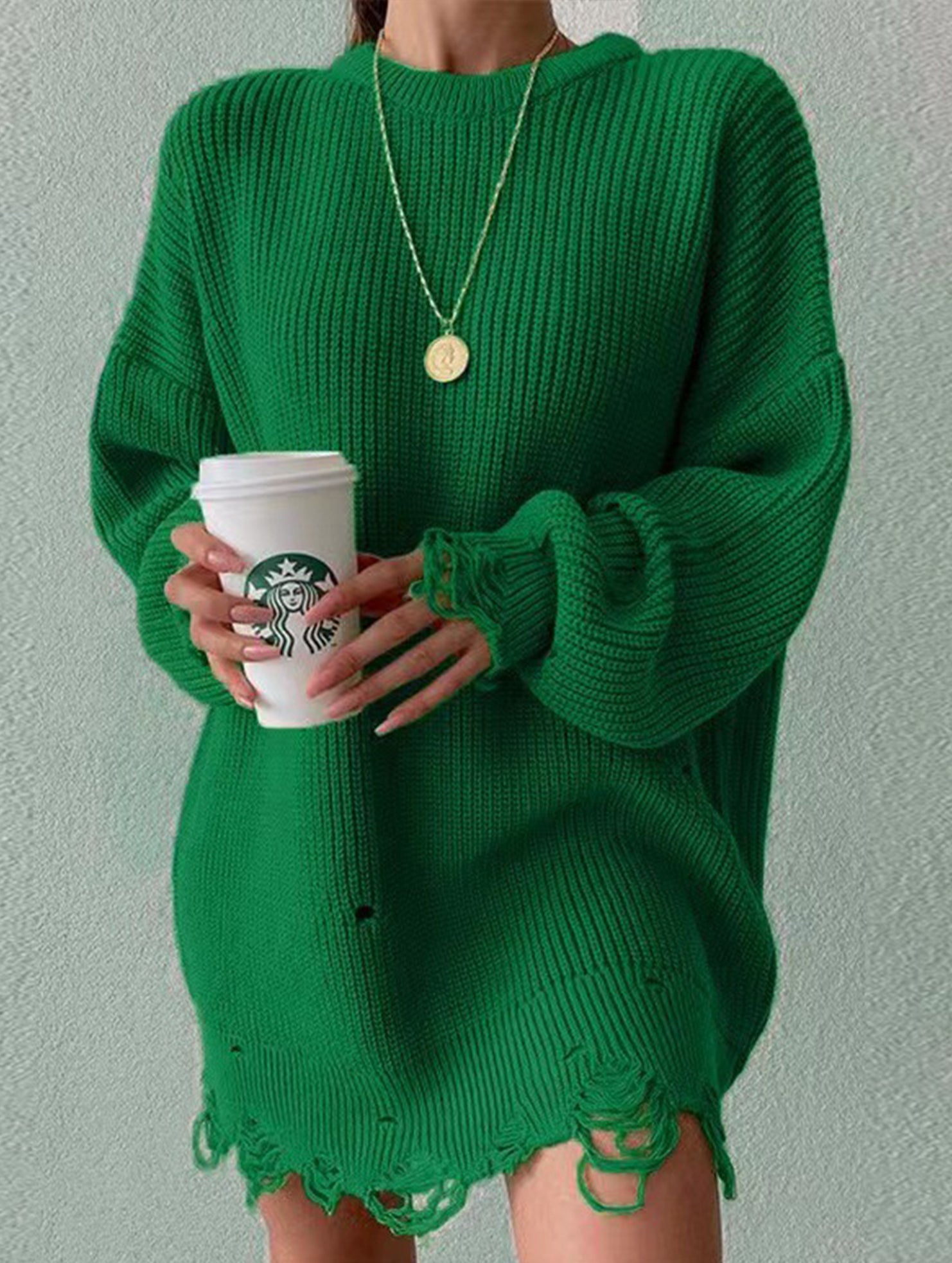 Round neck and ripped hem loose knit sweater