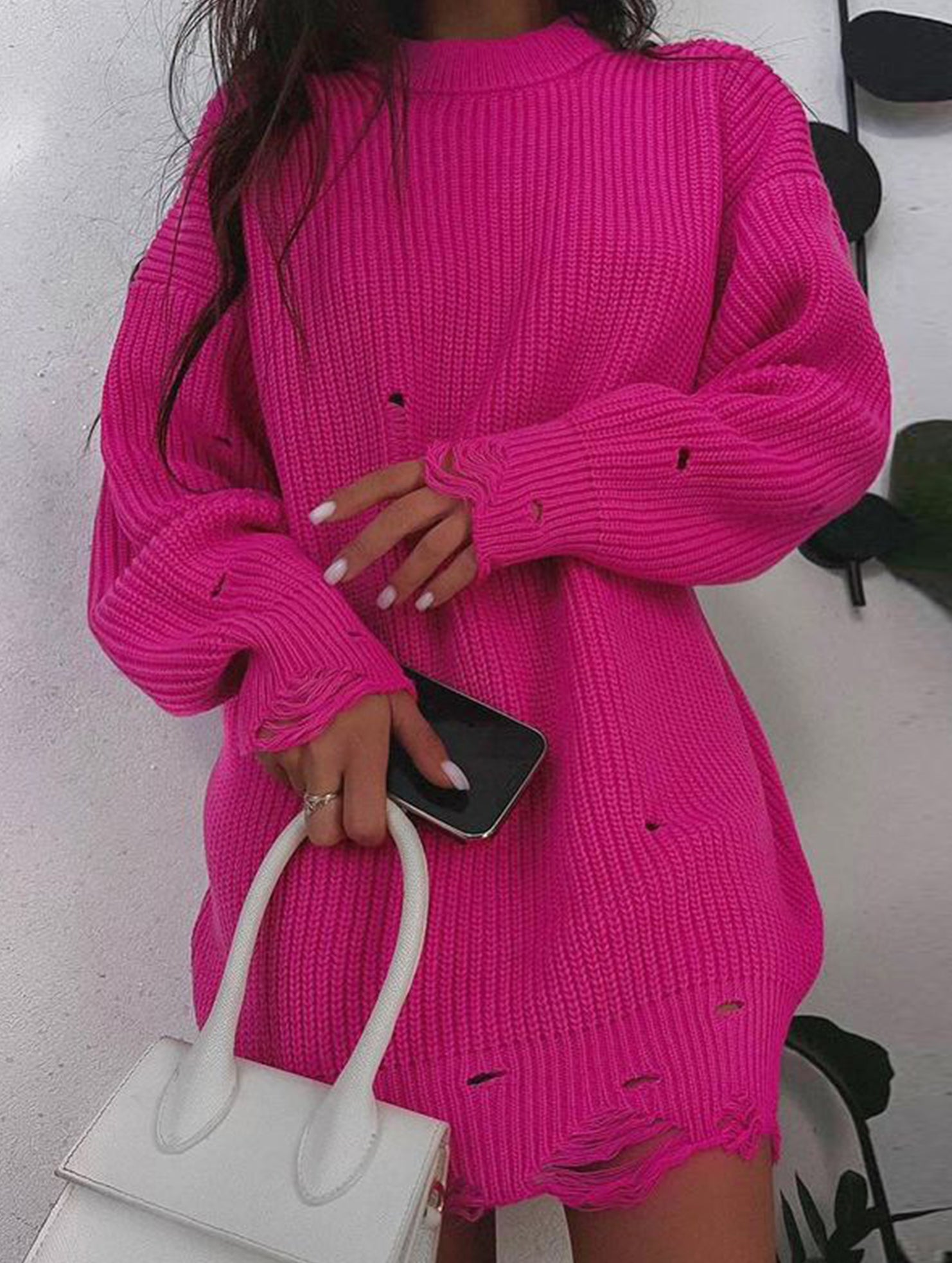 Round neck and ripped hem loose knit sweater