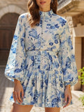 Fashionable long-sleeved tie-print dress