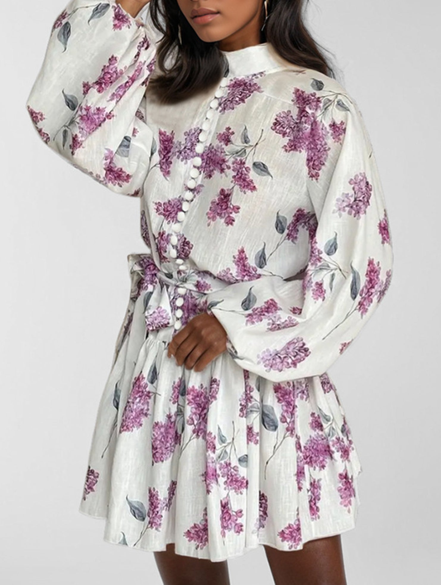 Fashionable long-sleeved tie-print dress