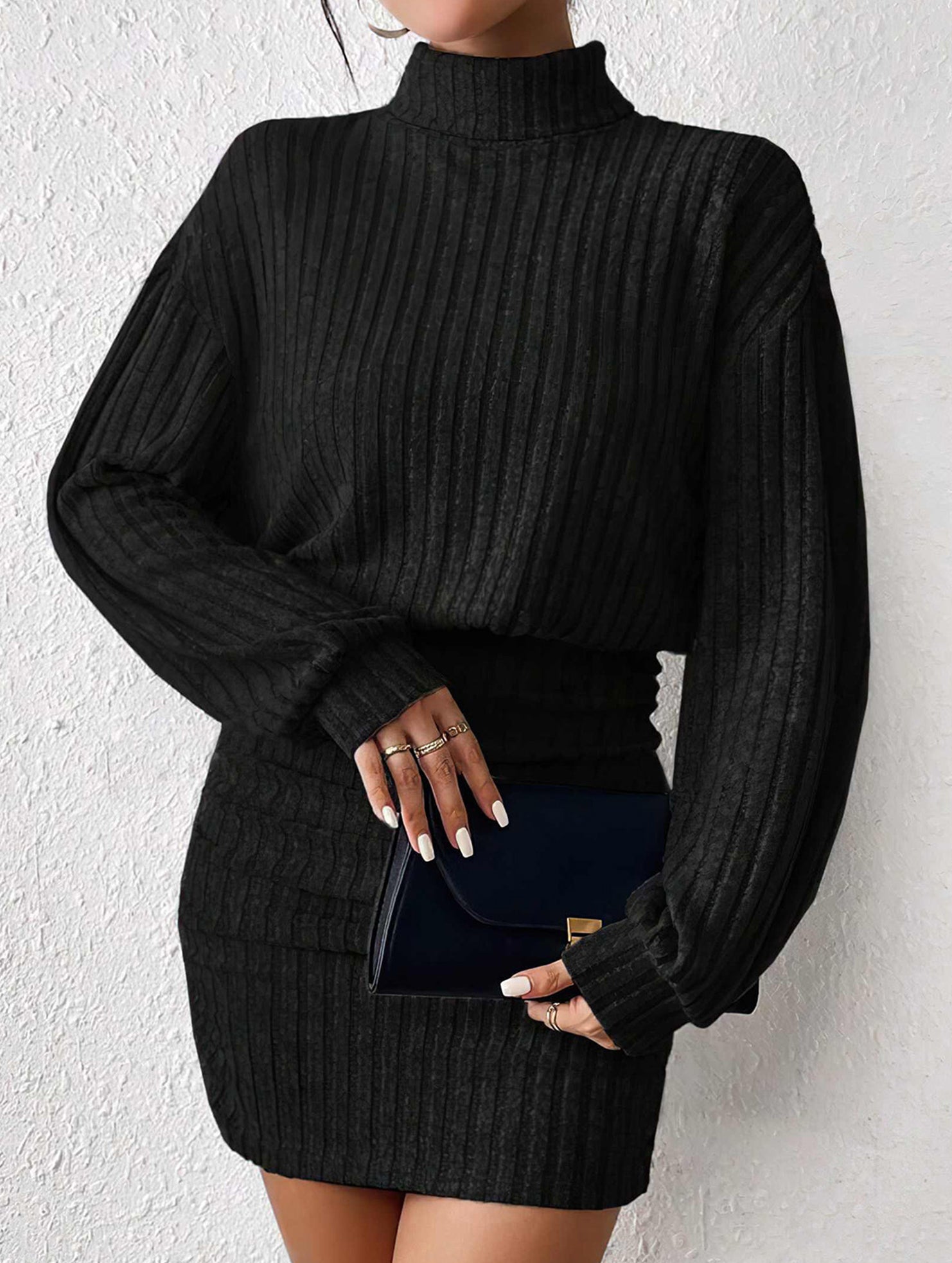 Bodycon Long-Sleeved High-Neck Ribbed Knit Dress