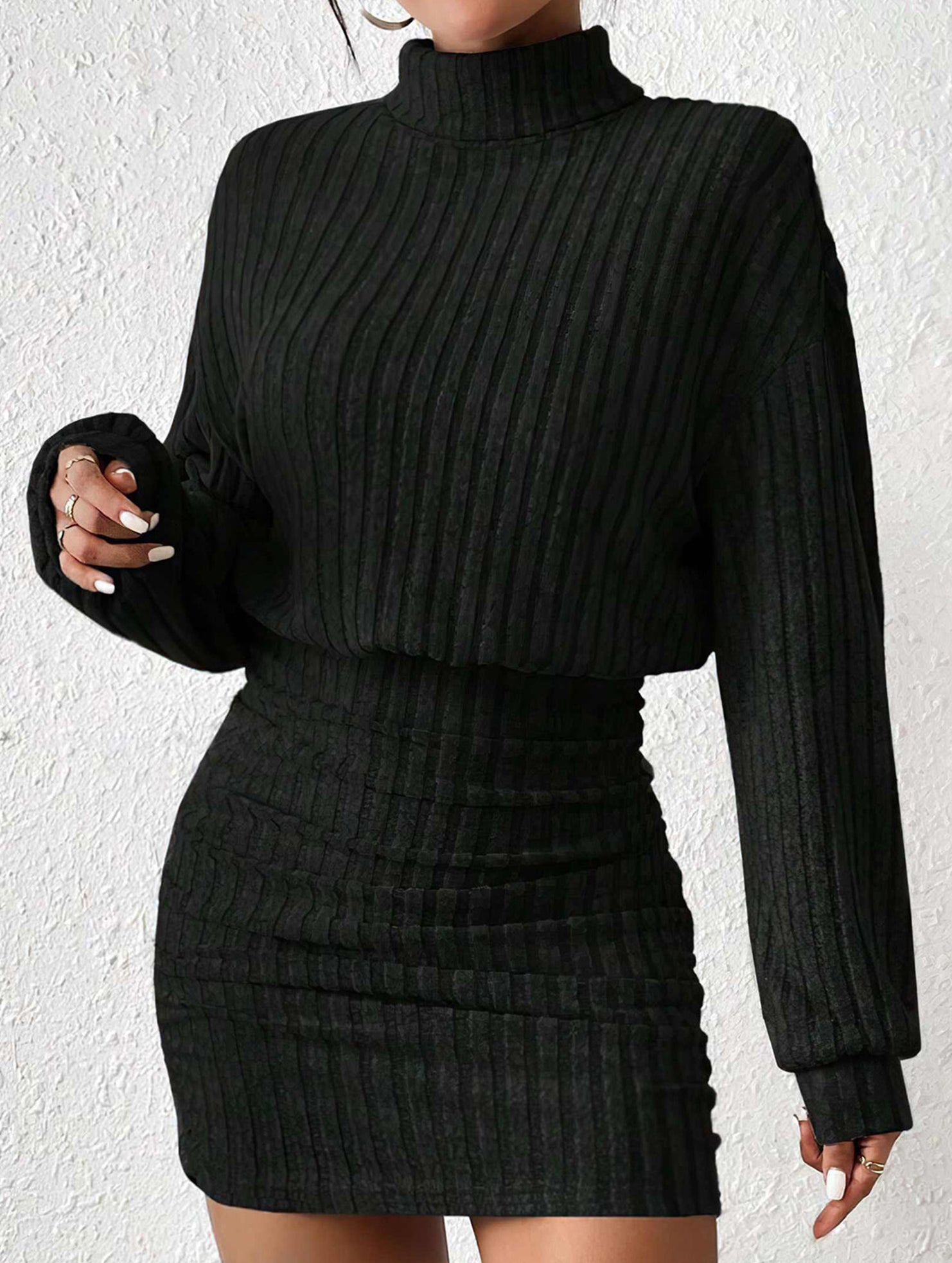 Bodycon Long-Sleeved High-Neck Ribbed Knit Dress