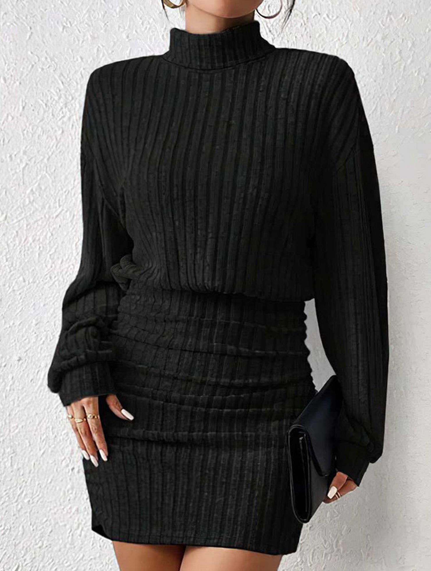 Bodycon Long-Sleeved High-Neck Ribbed Knit Dress