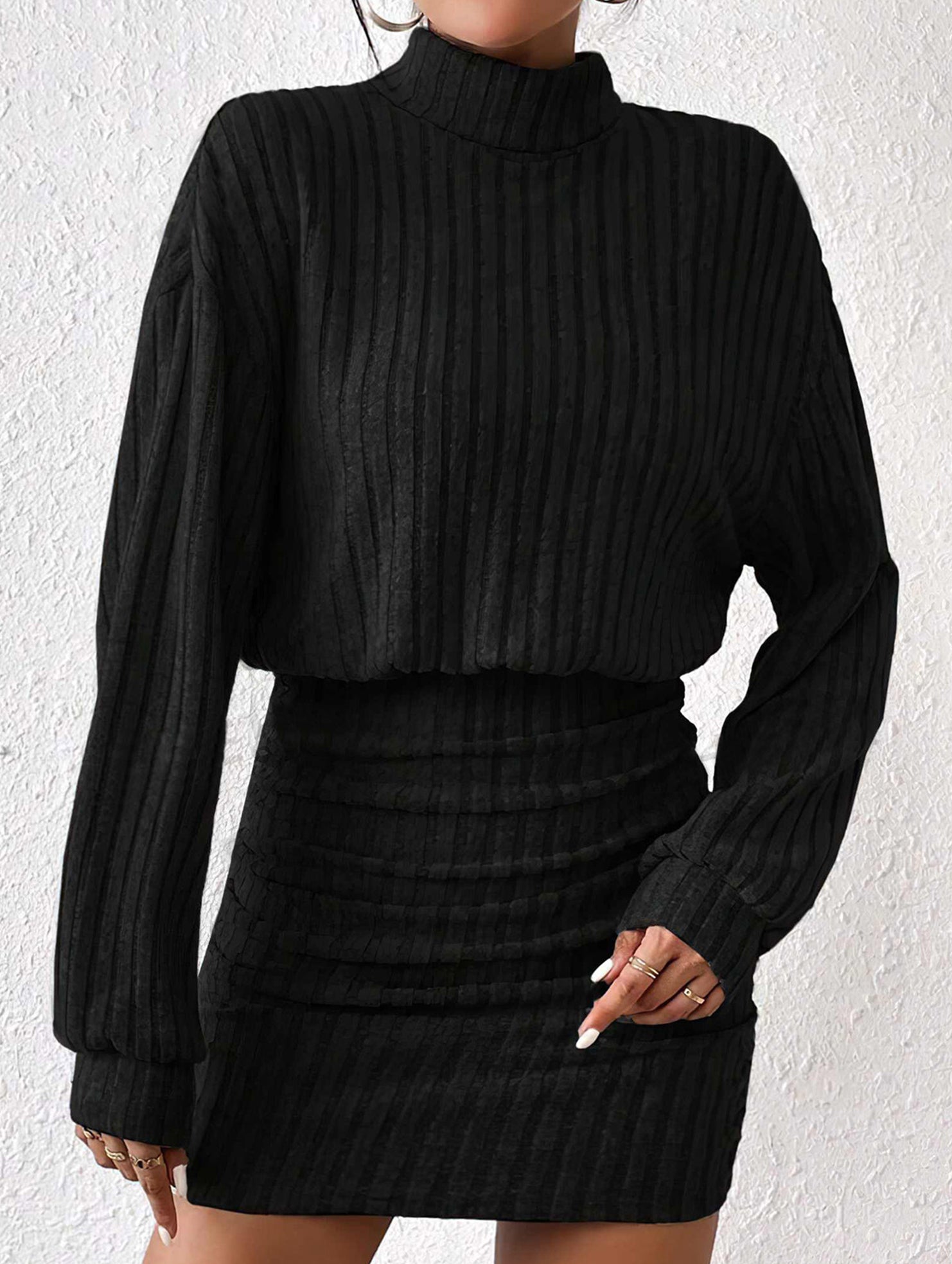 Bodycon Long-Sleeved High-Neck Ribbed Knit Dress