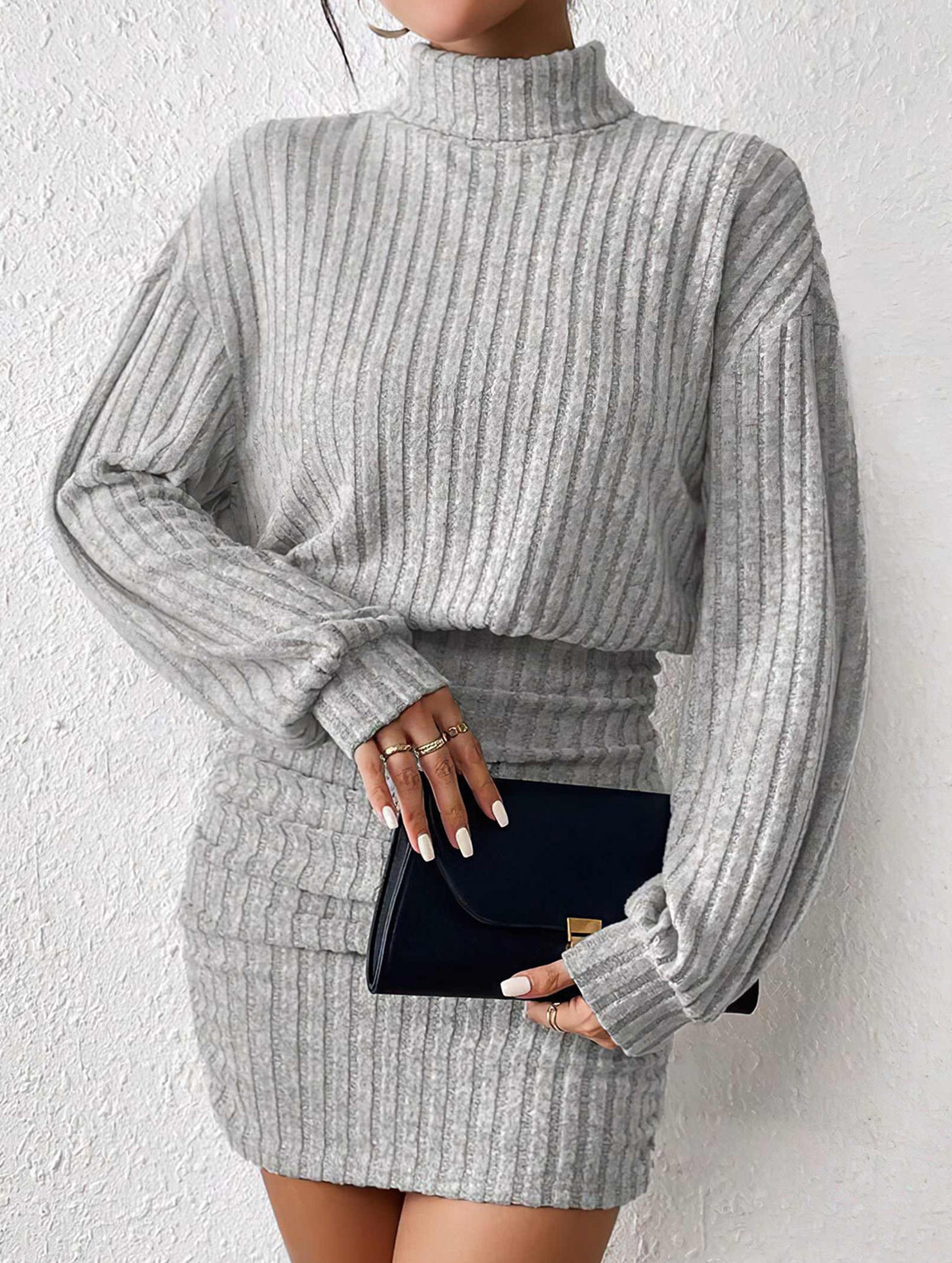 Bodycon Long-Sleeved High-Neck Ribbed Knit Dress