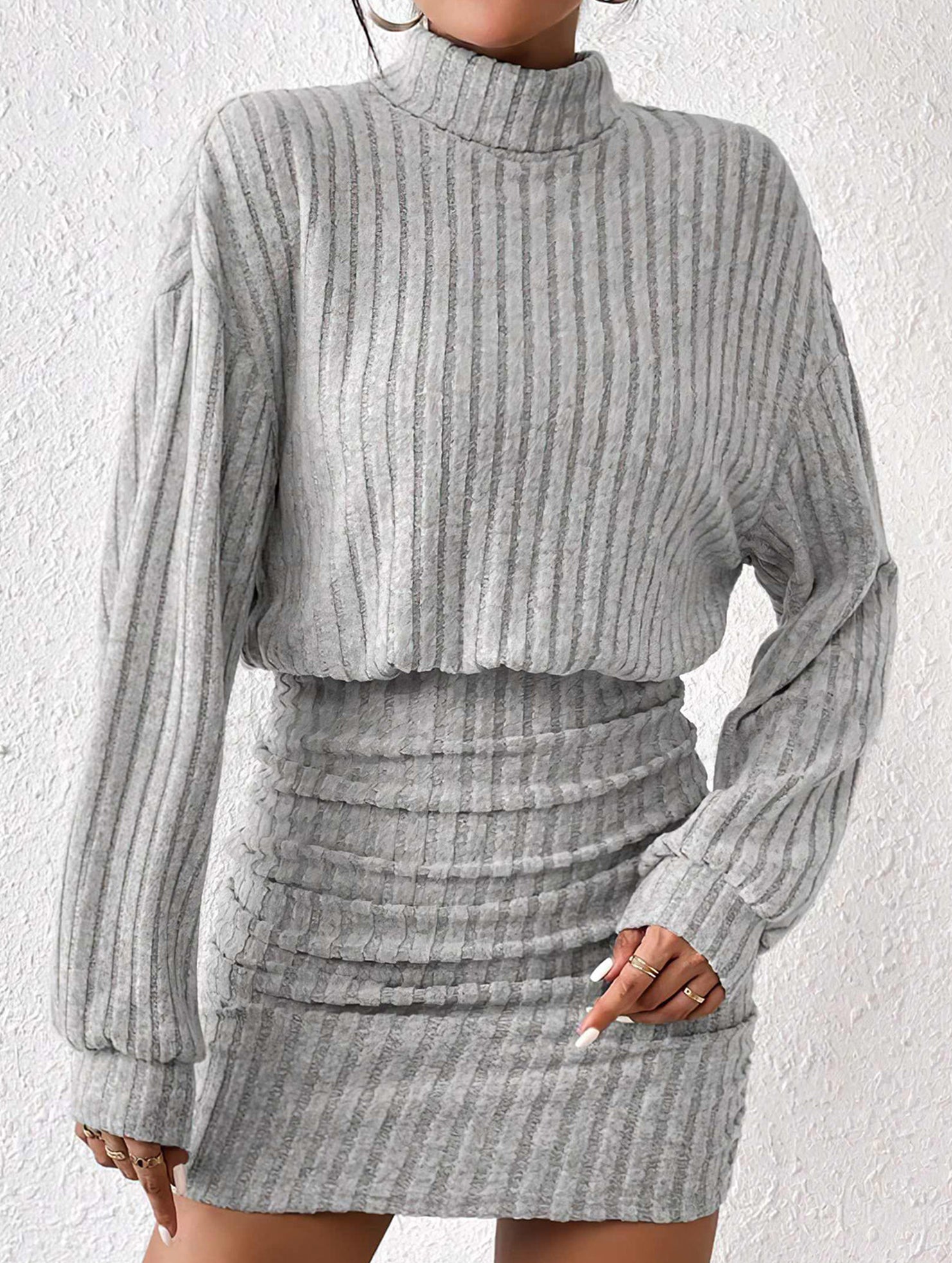 Bodycon Long-Sleeved High-Neck Ribbed Knit Dress