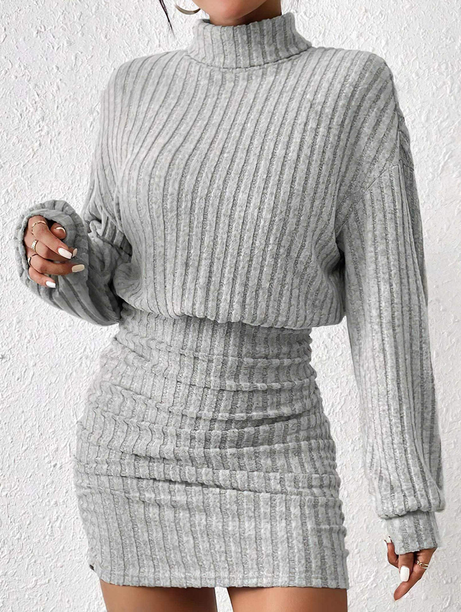 Bodycon Long-Sleeved High-Neck Ribbed Knit Dress