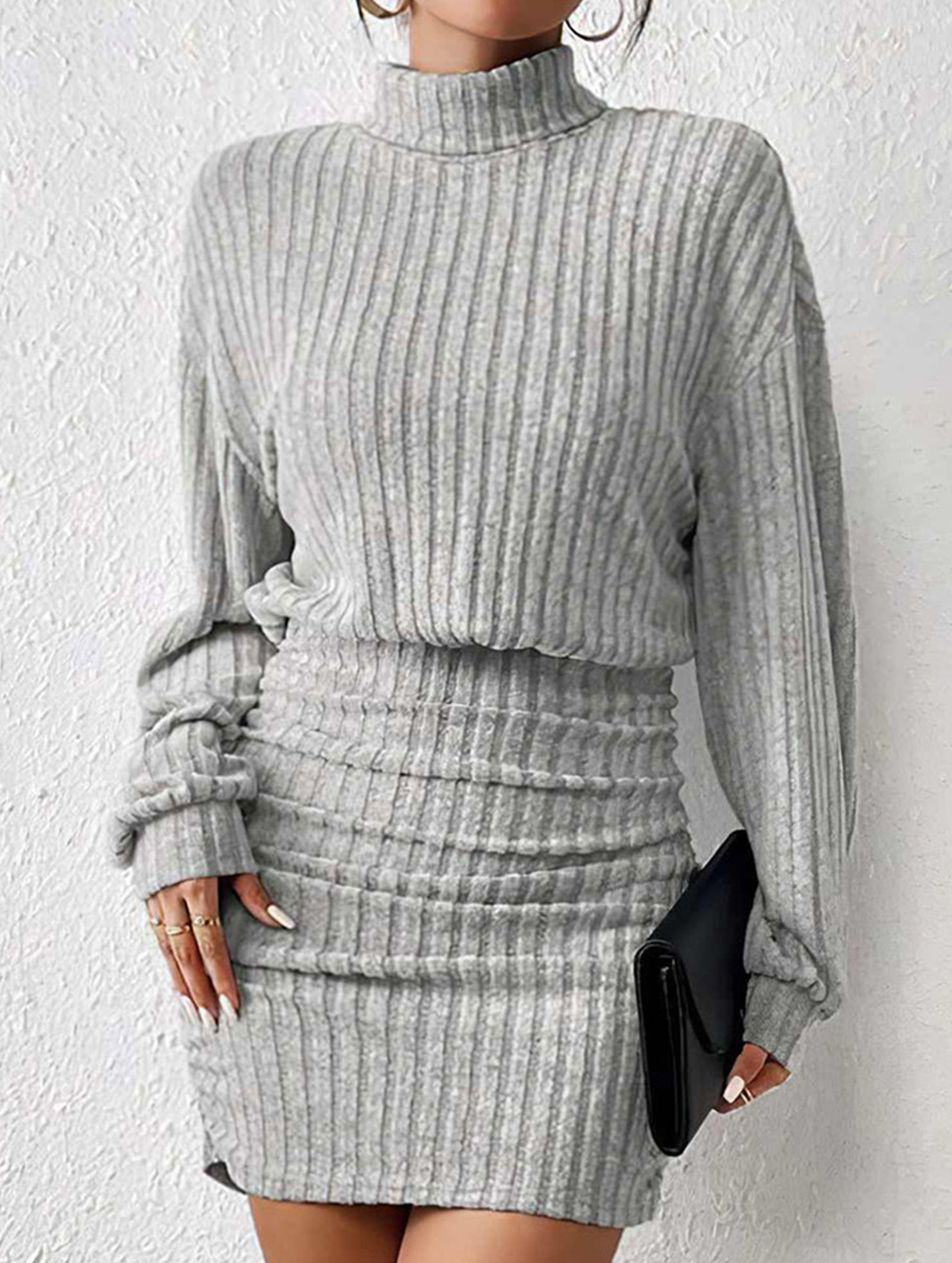 Bodycon Long-Sleeved High-Neck Ribbed Knit Dress