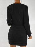 brushed ribbed V-neck long-sleeved bodycon dress