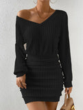 brushed ribbed V-neck long-sleeved bodycon dress