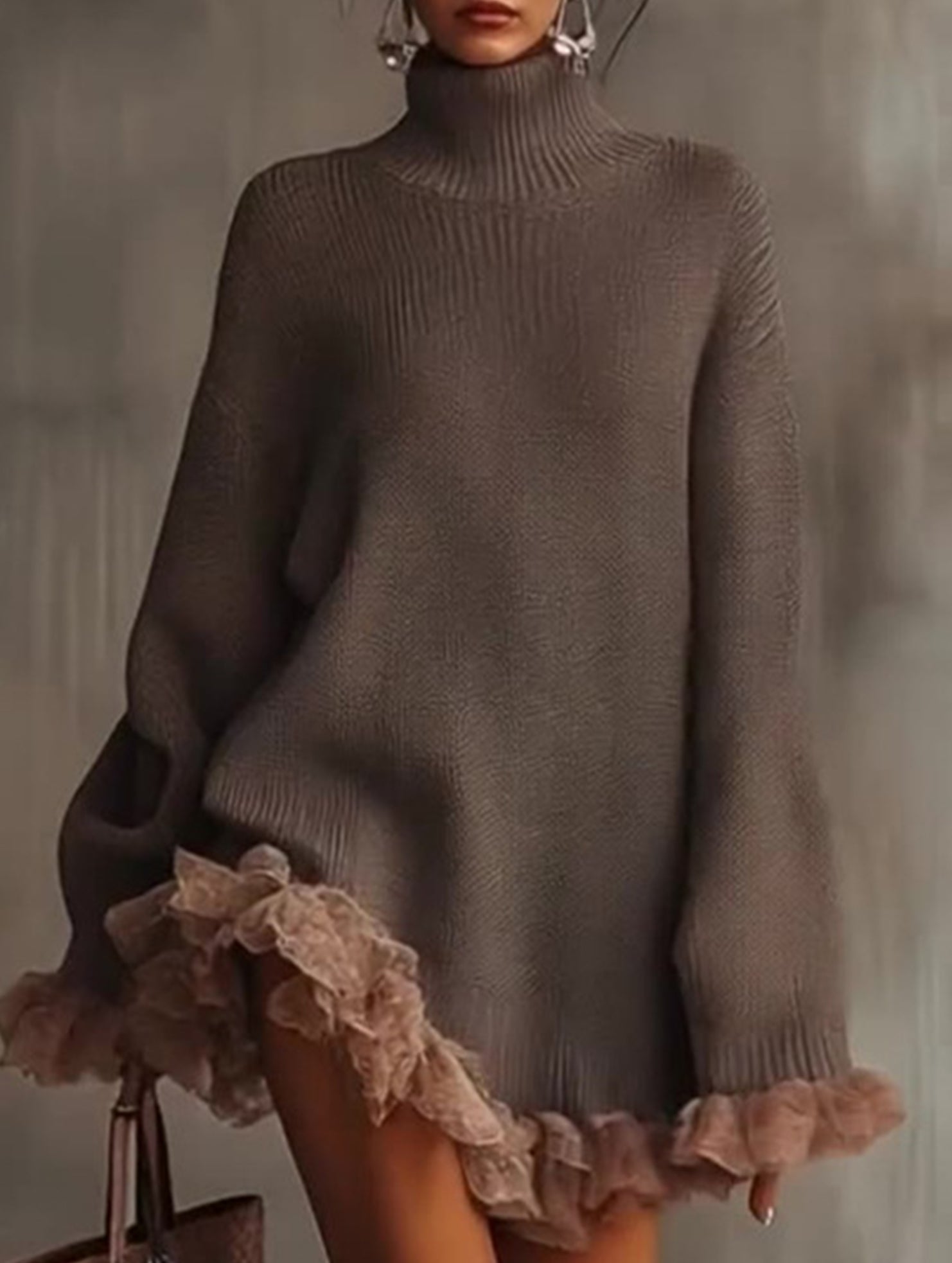 High-neck ruffled patchwork sweater