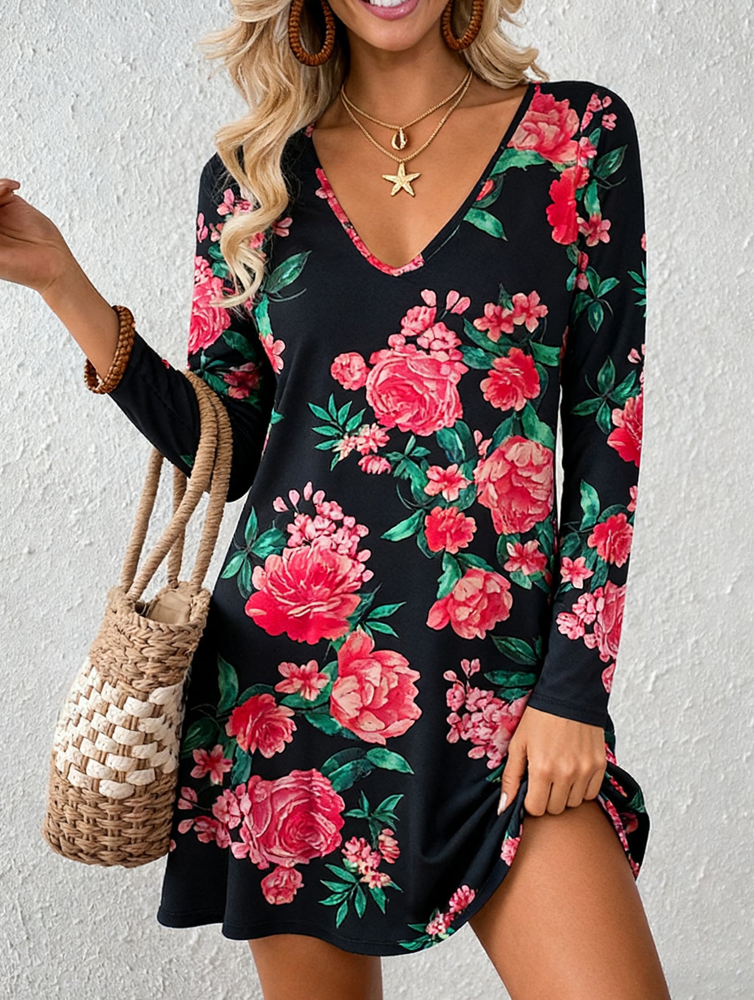 Casual V-print A-line dress