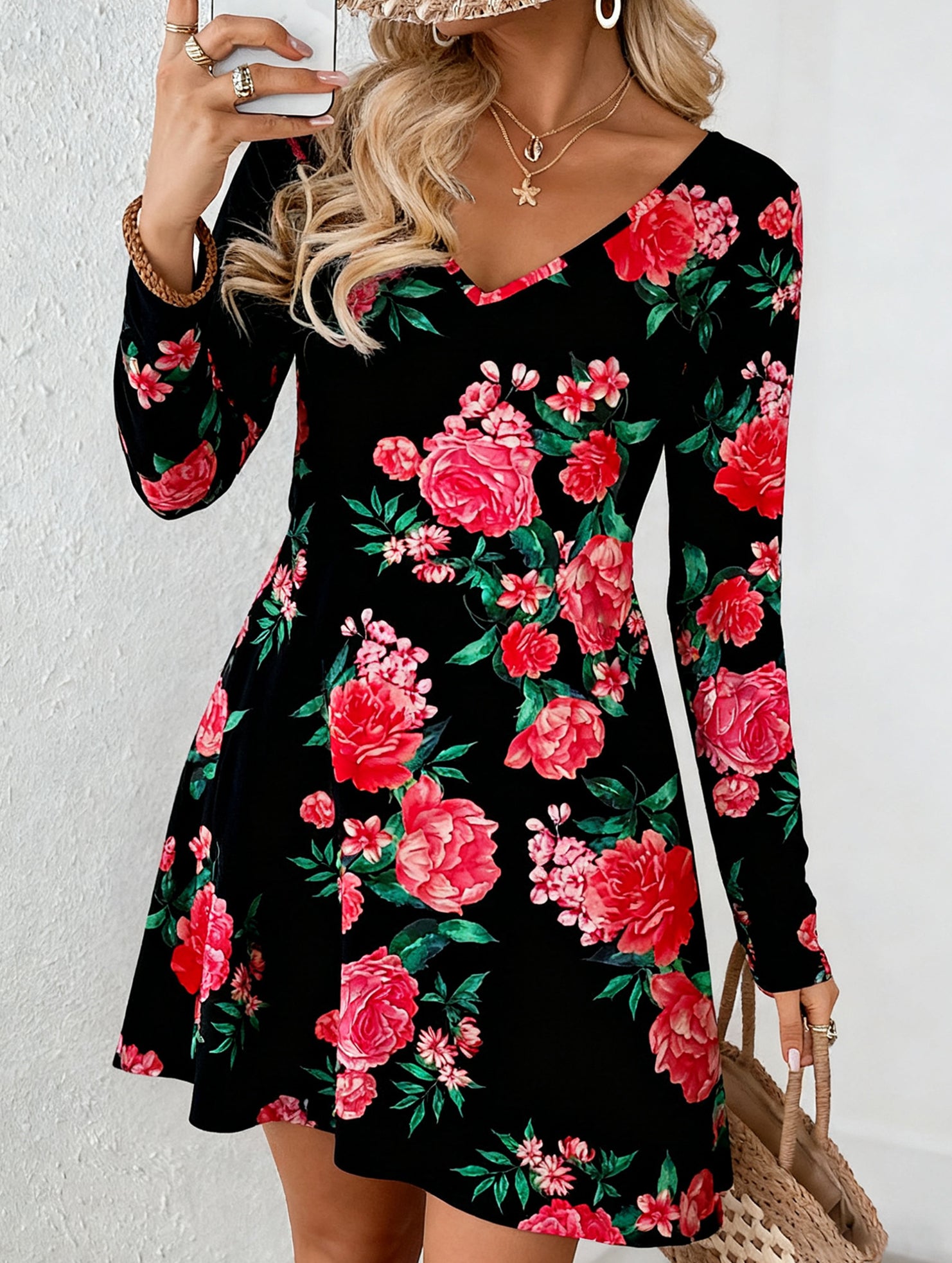 Casual V-print A-line dress