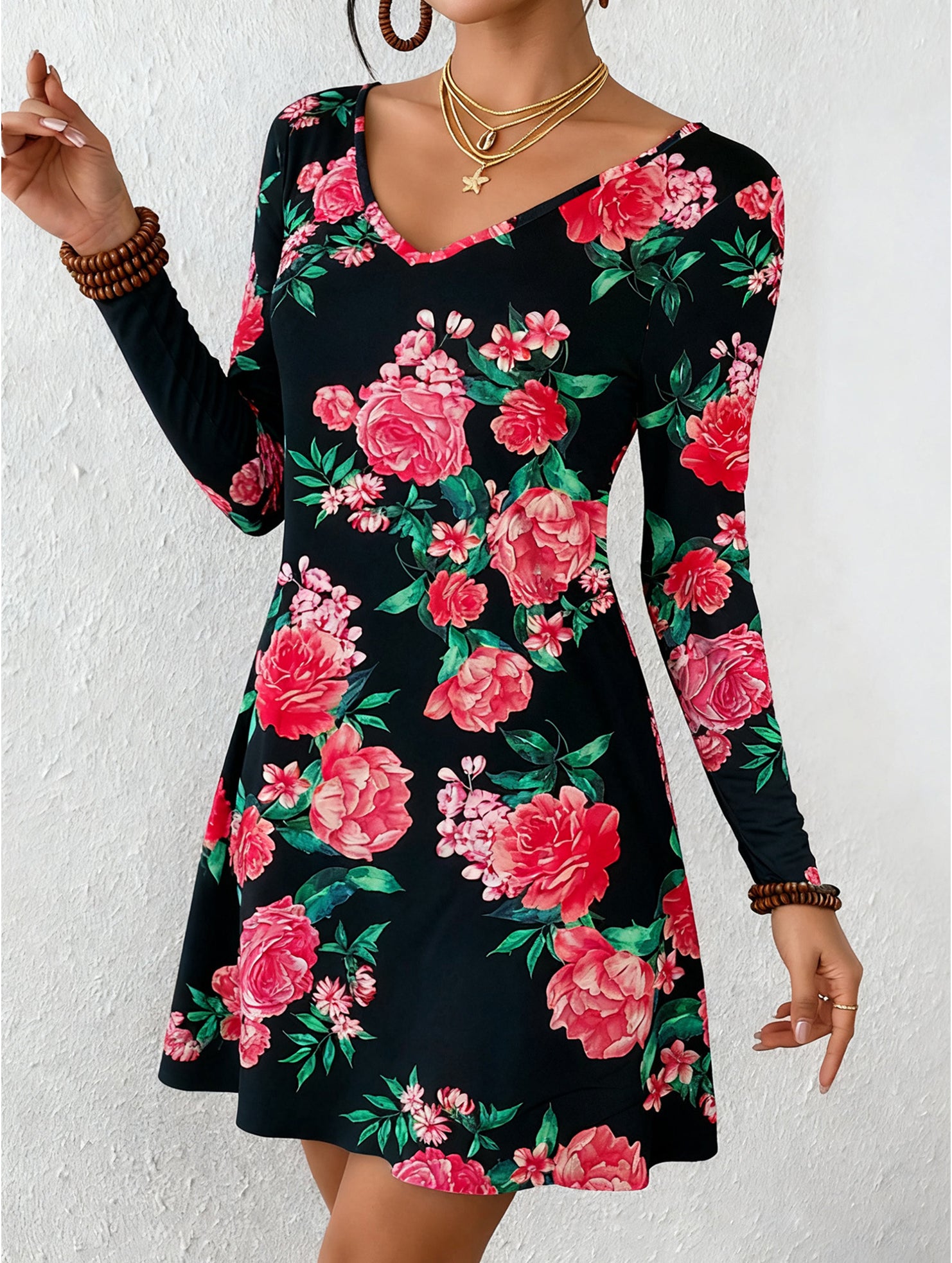 Casual V-print A-line dress