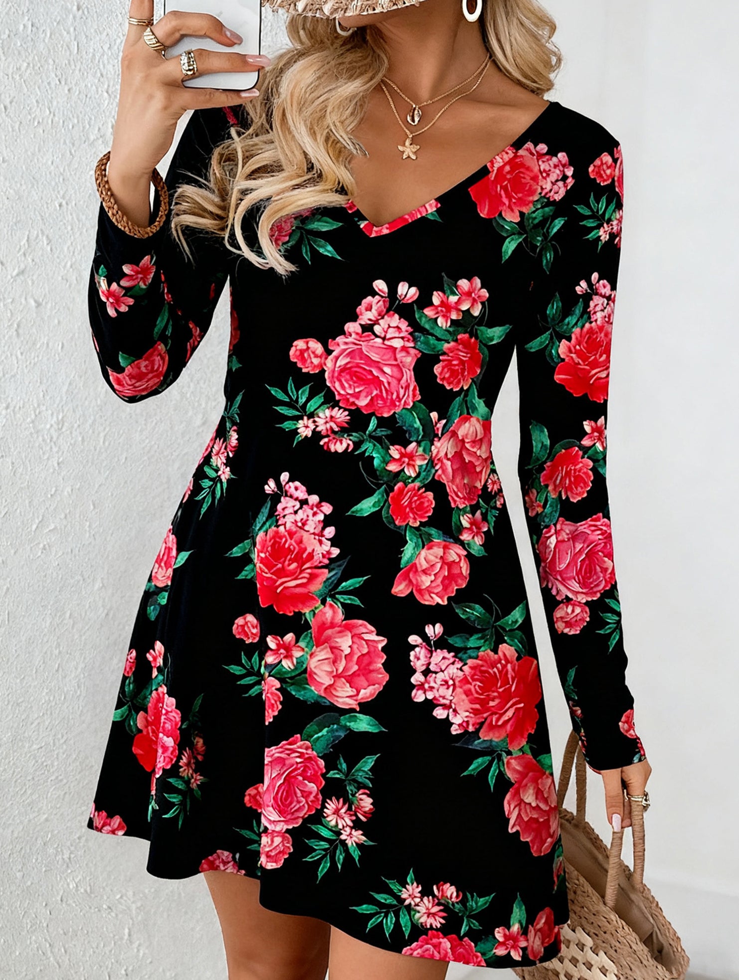 Casual V-print A-line dress