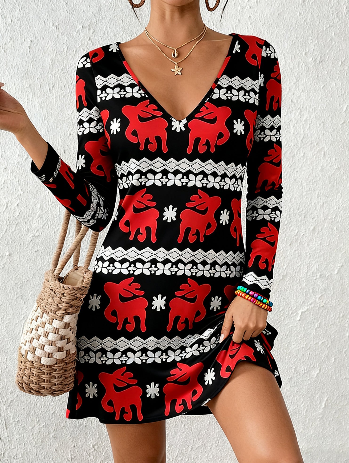 Casual V-print A-line dress