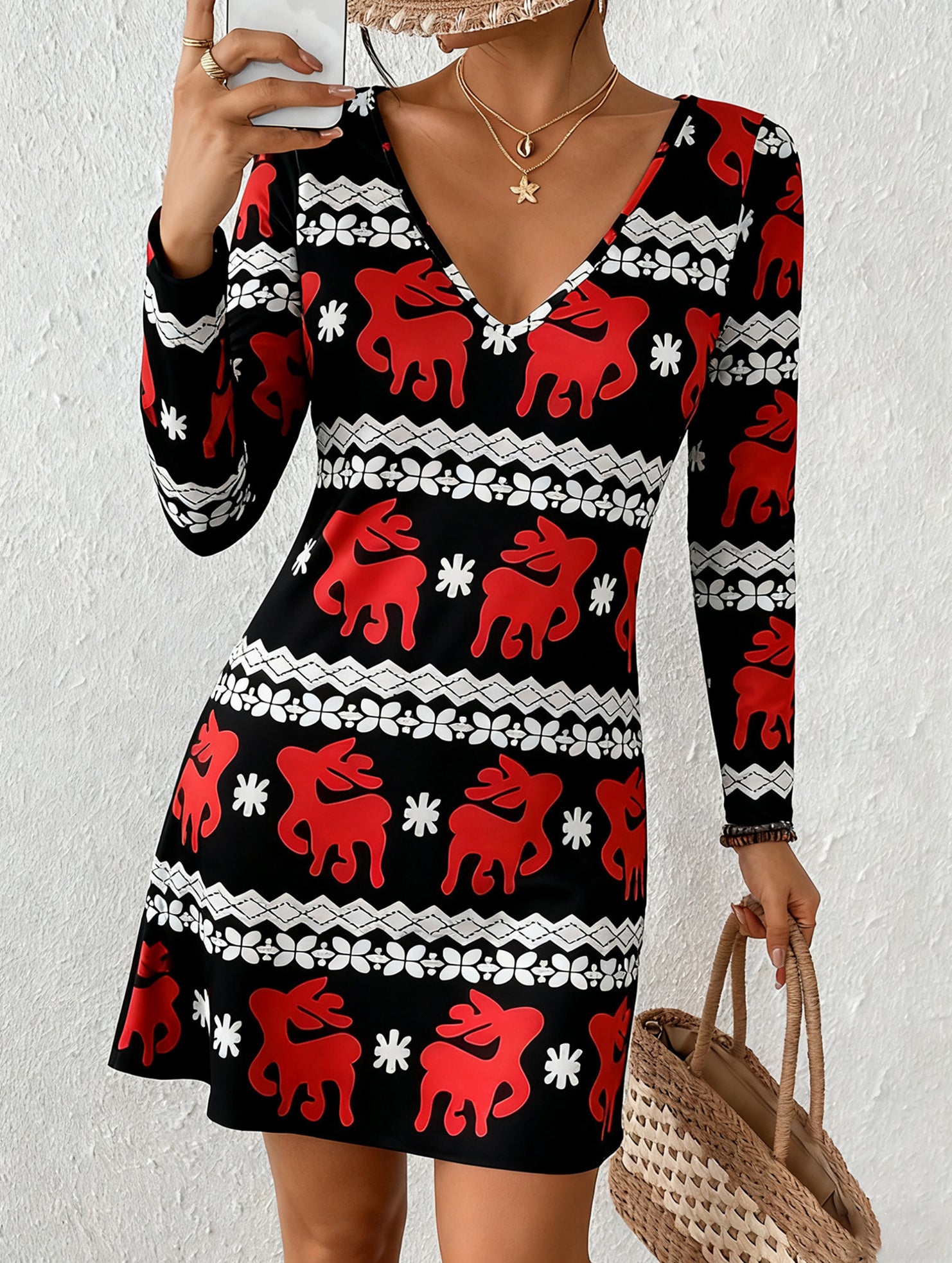 Casual V-print A-line dress