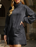 High-neck loose-fitting tassel long-sleeved dress