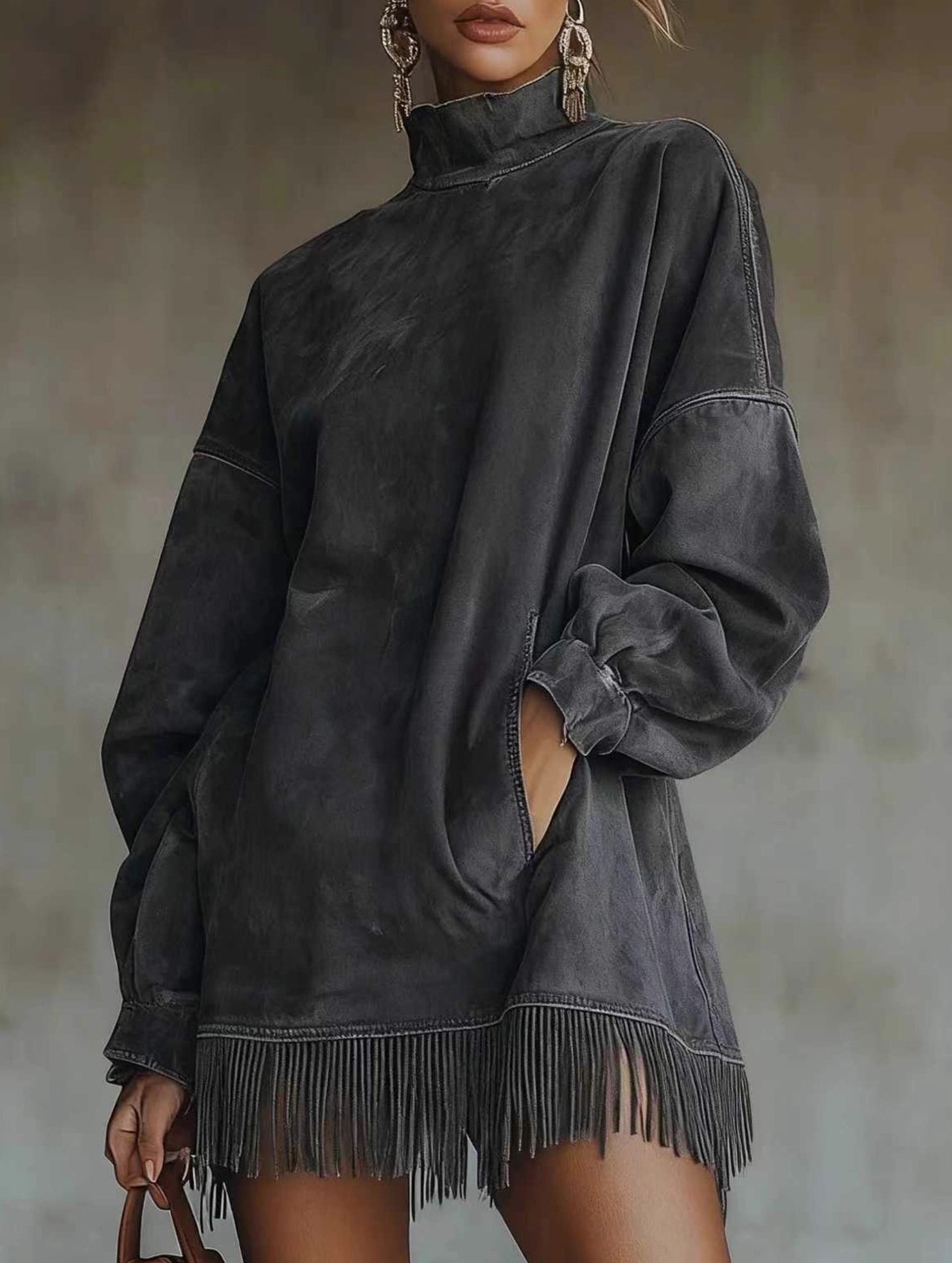 High-neck loose-fitting tassel long-sleeved dress