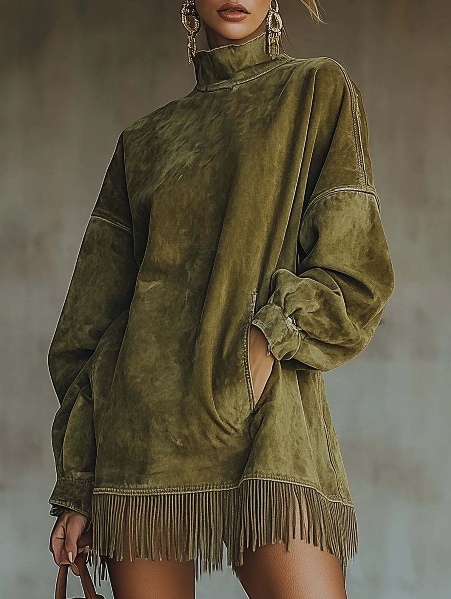 High-neck loose-fitting tassel long-sleeved dress