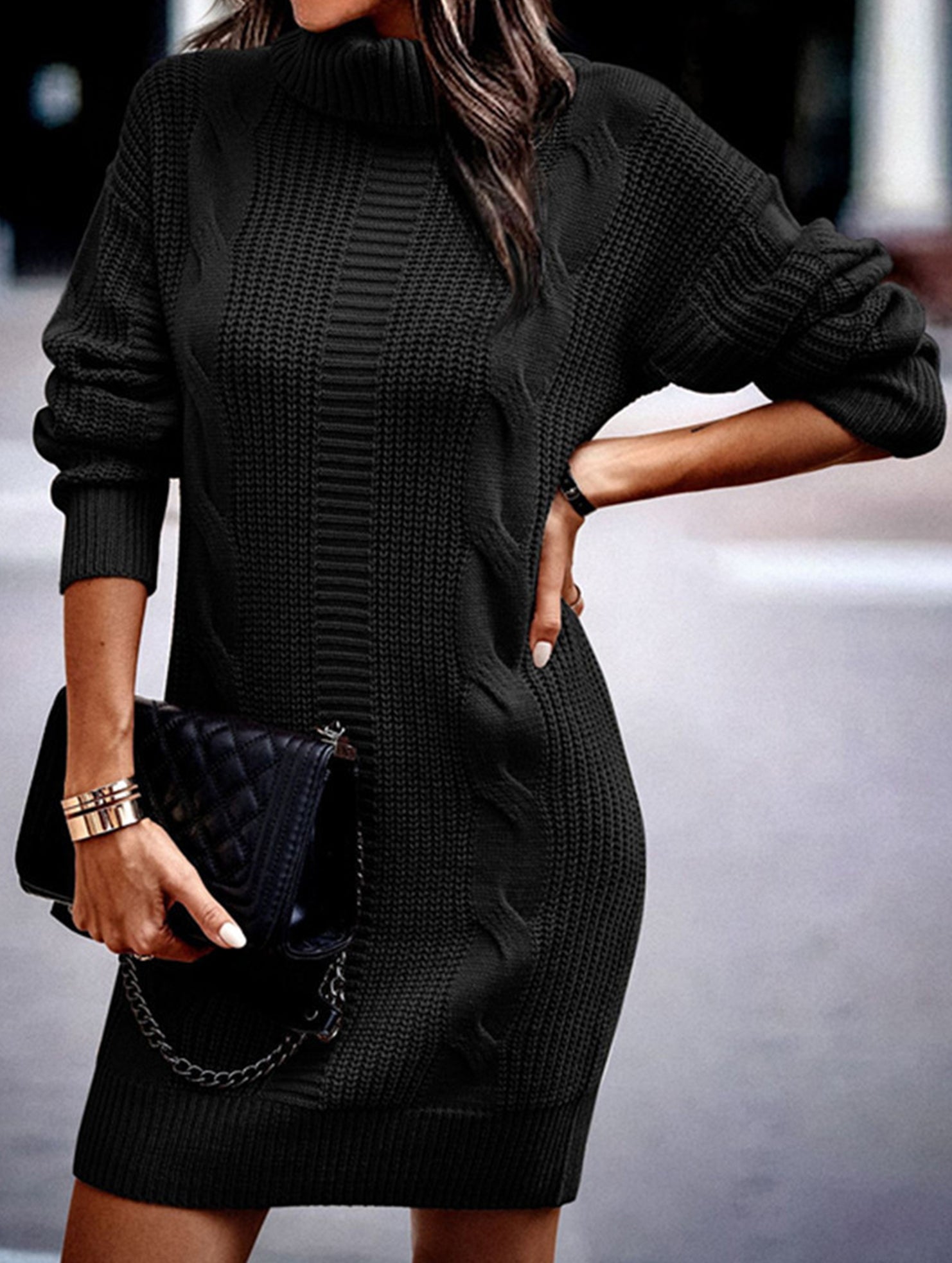High-neck long-sleeved bodycon sweater dress