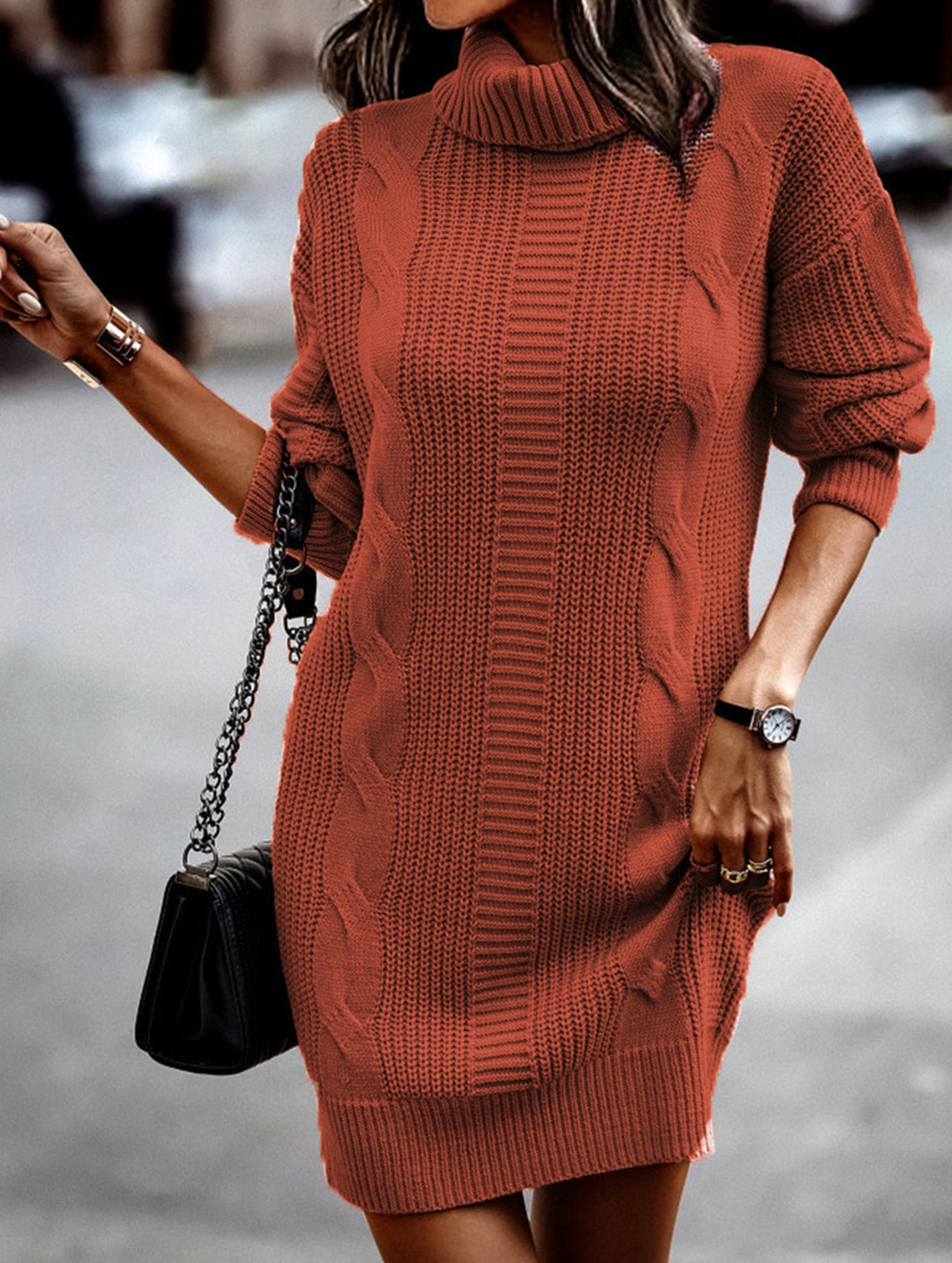 High-neck long-sleeved bodycon sweater dress