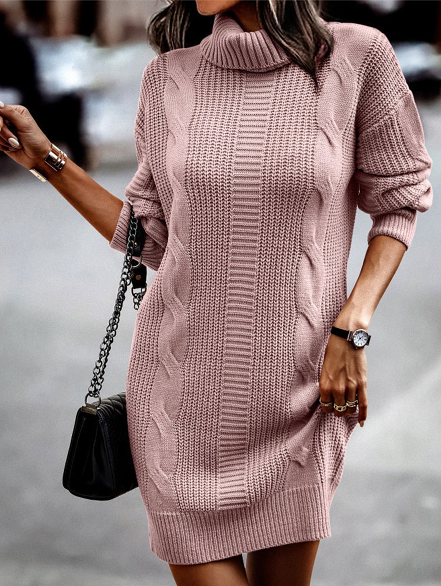 High-neck long-sleeved bodycon sweater dress