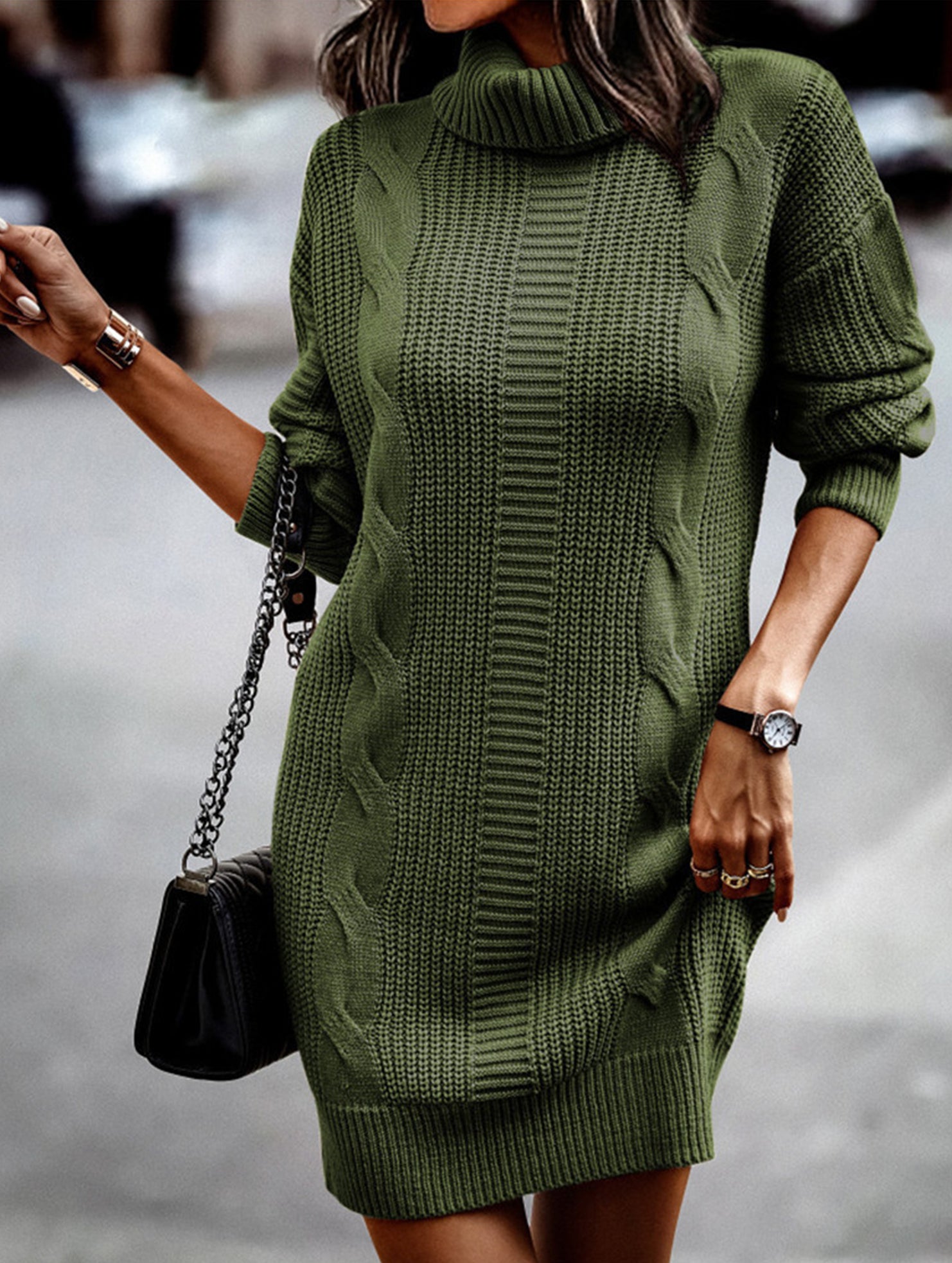High-neck long-sleeved bodycon sweater dress