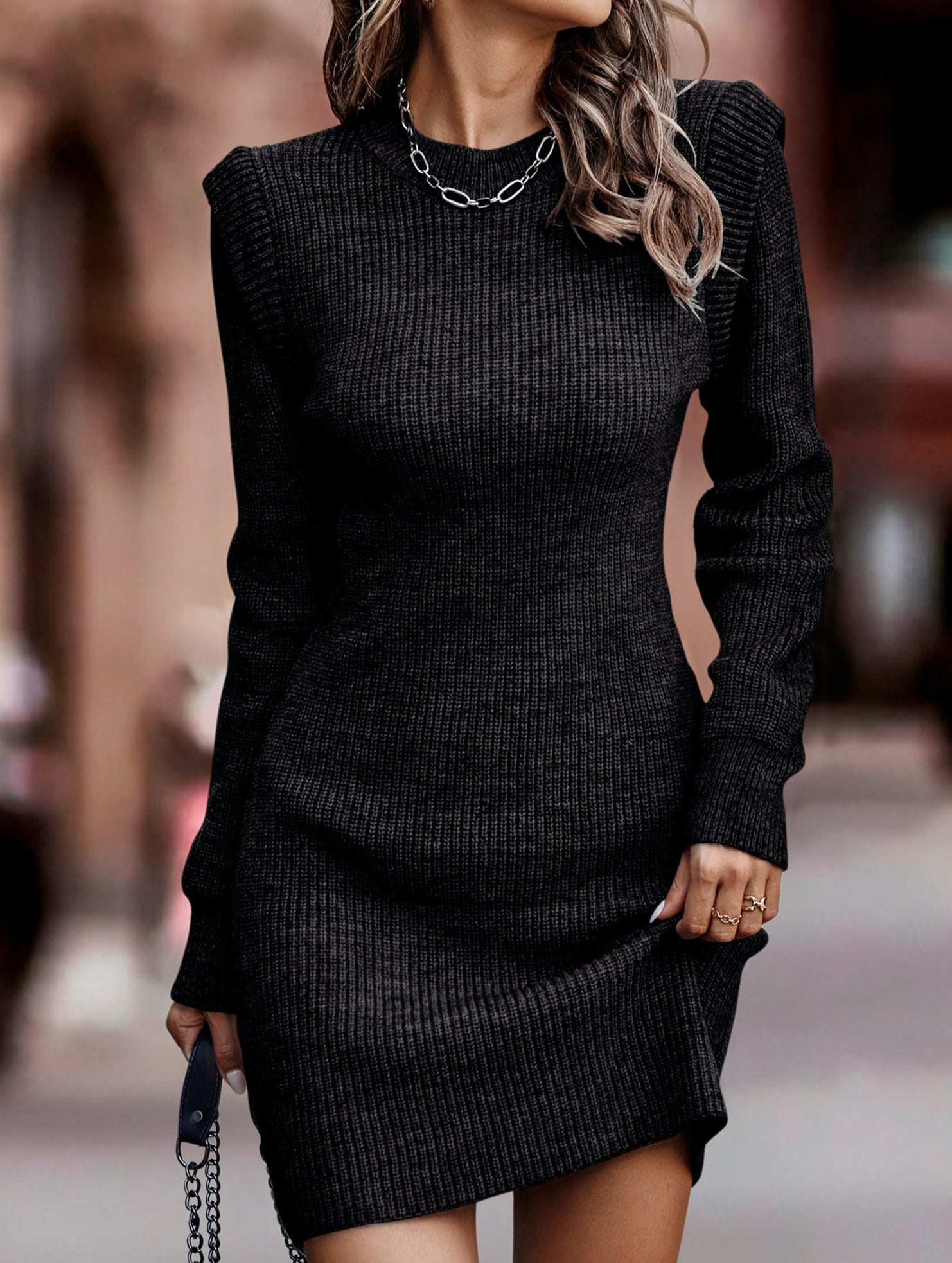 Round neck long-sleeved bodycon sweater dress