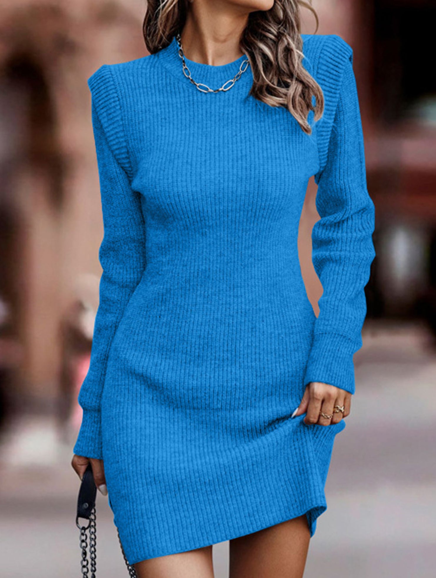 Round neck long-sleeved bodycon sweater dress