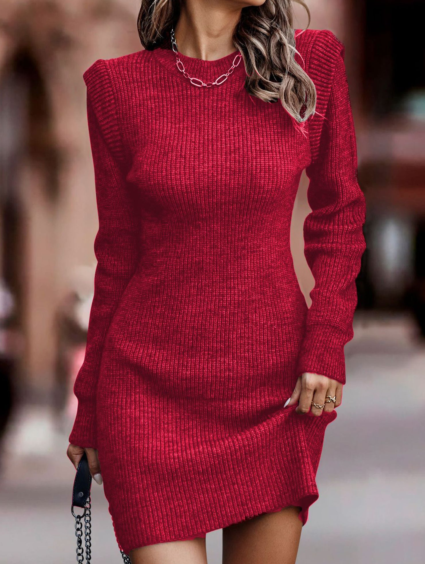Round neck long-sleeved bodycon sweater dress