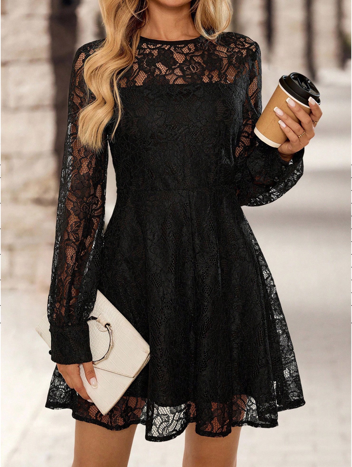 Solid color double-layer lace dress