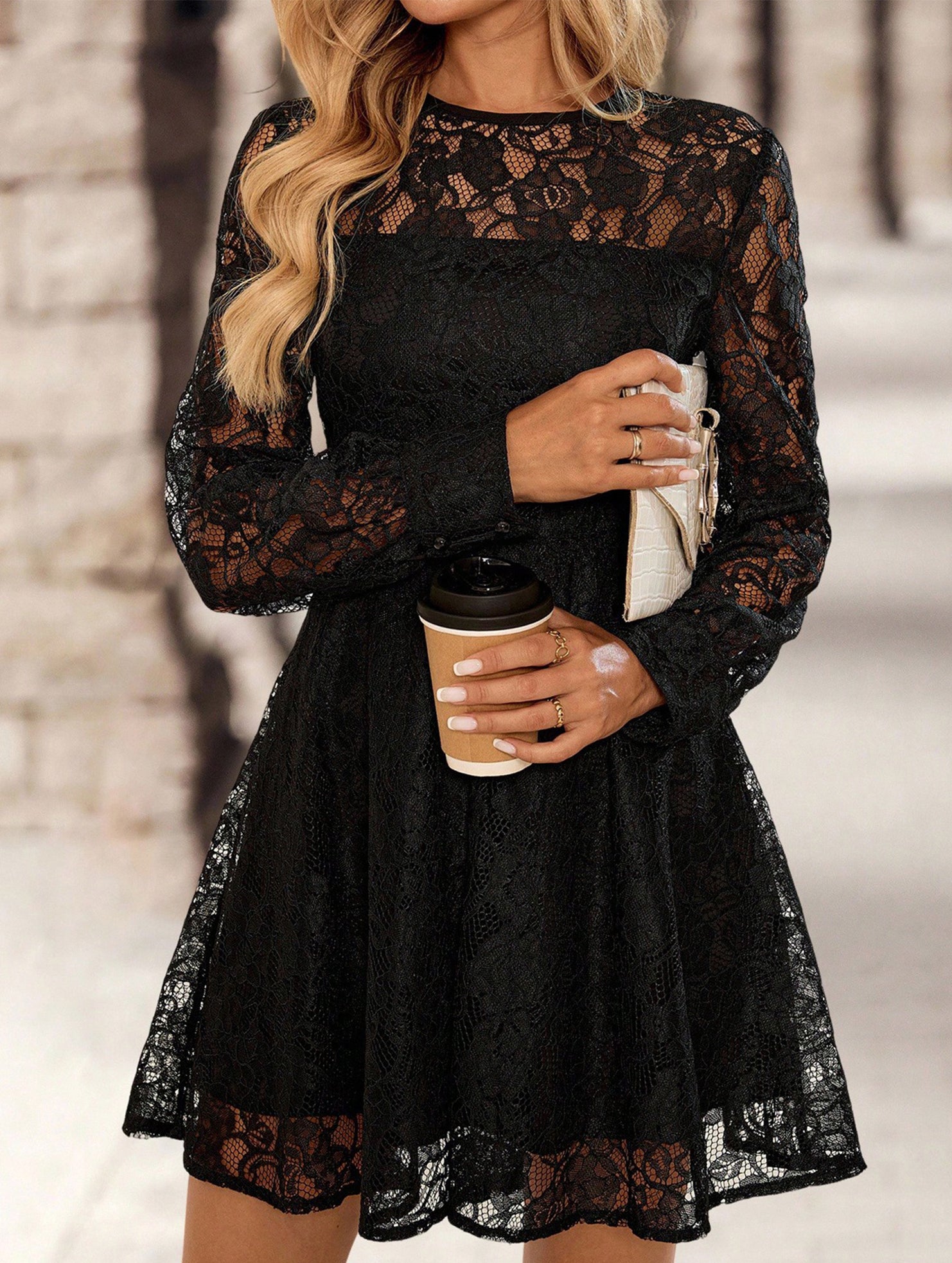 Solid color double-layer lace dress