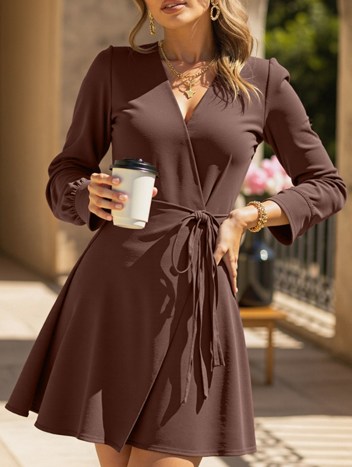 Retro waist tie long sleeve dress
