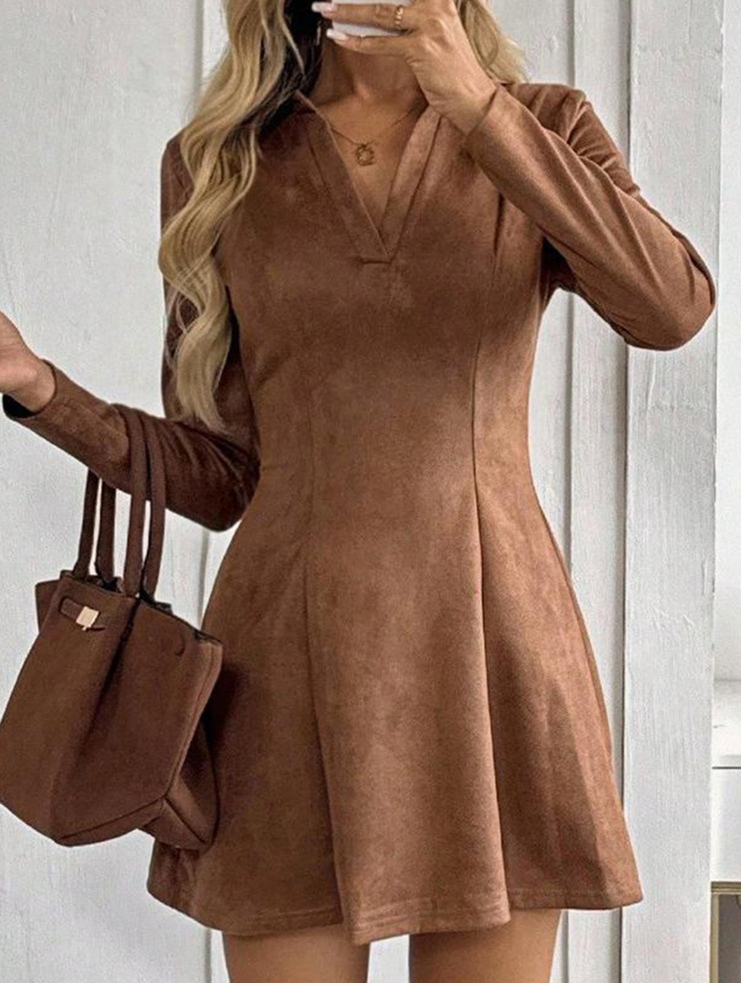 Solid color fitted waist long sleeve lapel dress