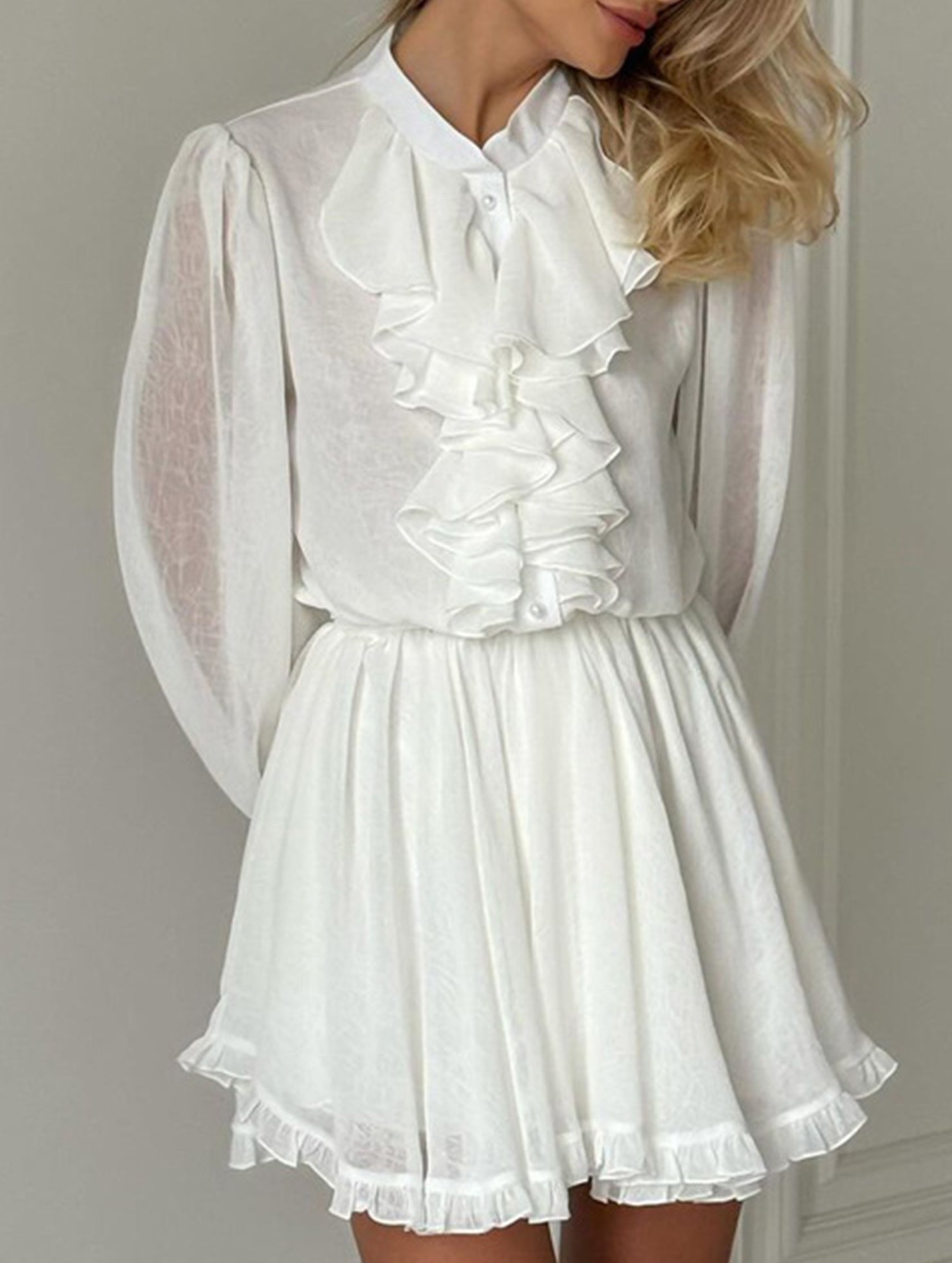 Stand-up collar elastic waist A-line skirt