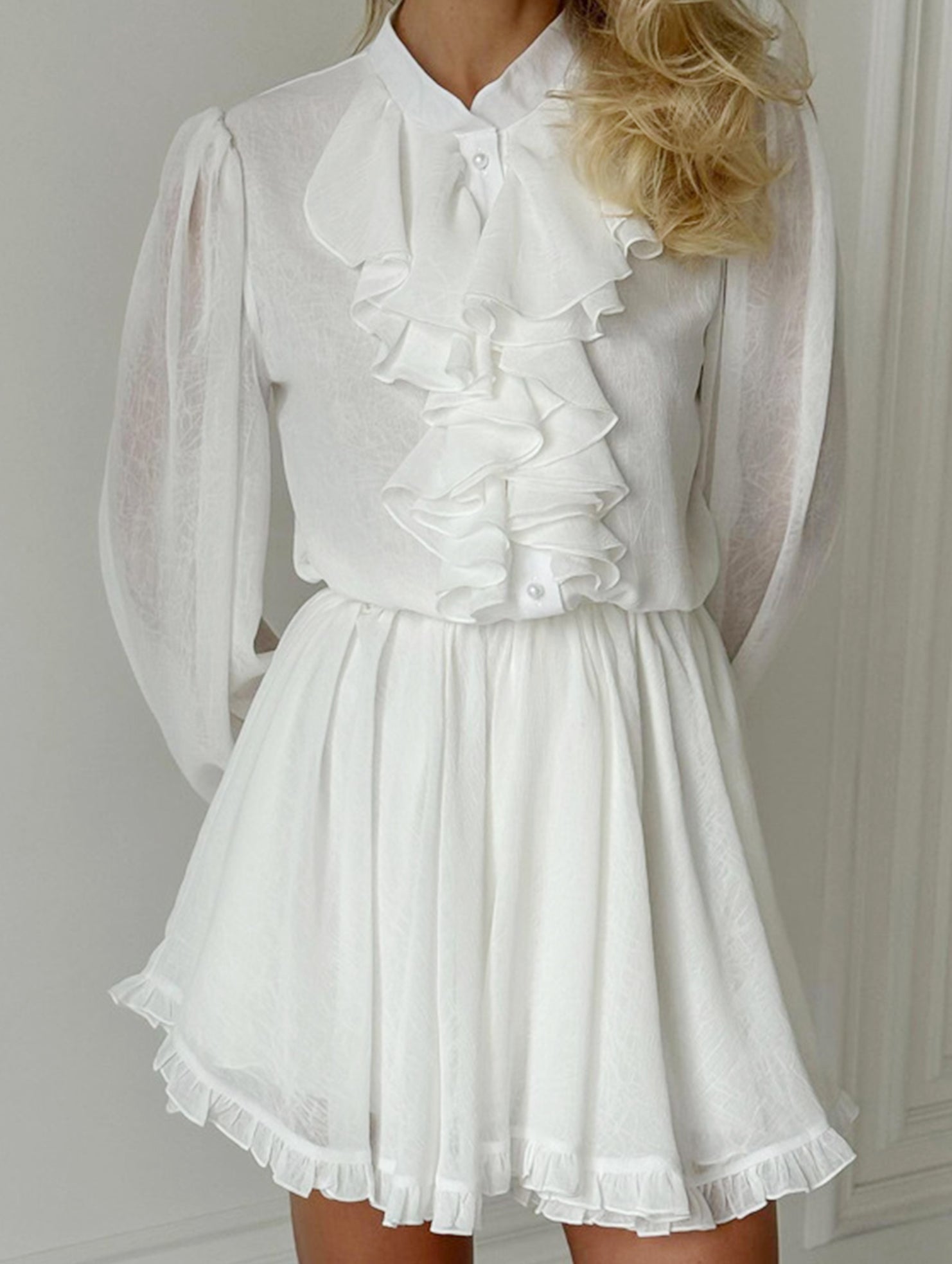 Stand-up collar elastic waist A-line skirt