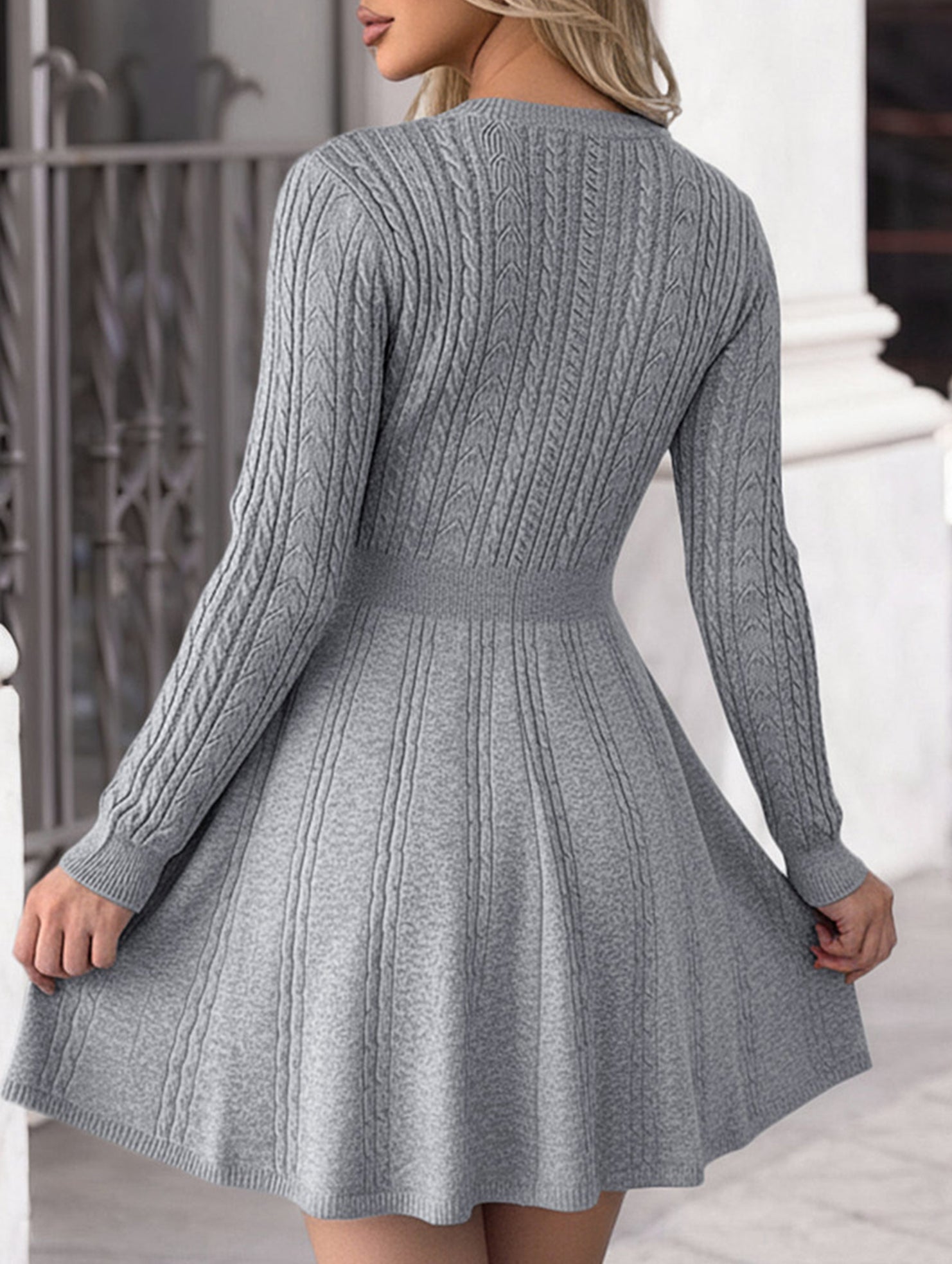 Grey textured knit fitted dress