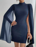Round neck ribbed cape bodycon dress