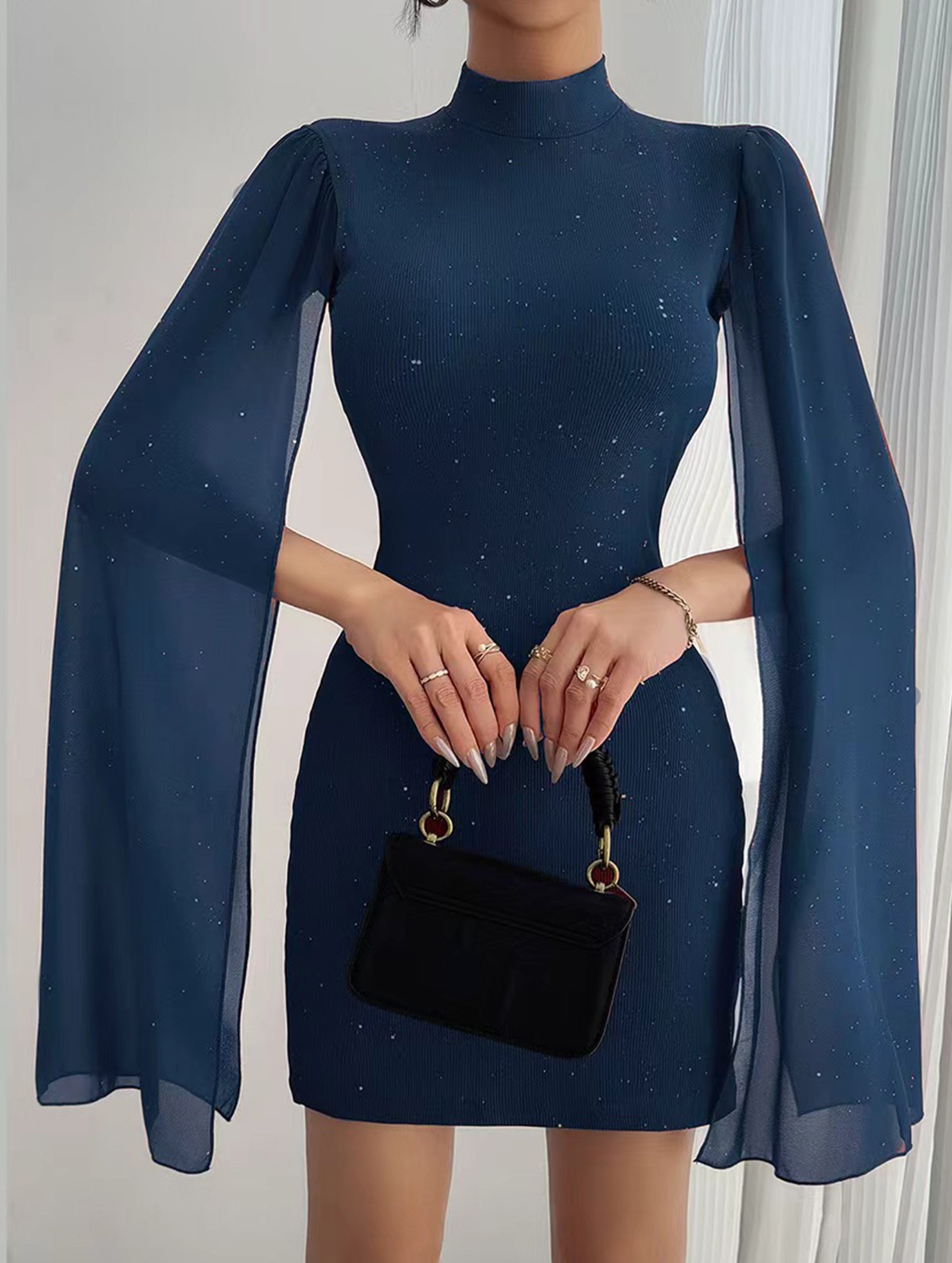 Round neck ribbed cape bodycon dress