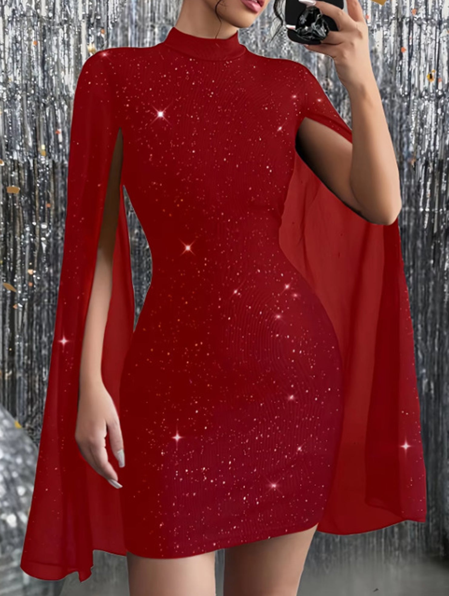 Round neck ribbed cape bodycon dress