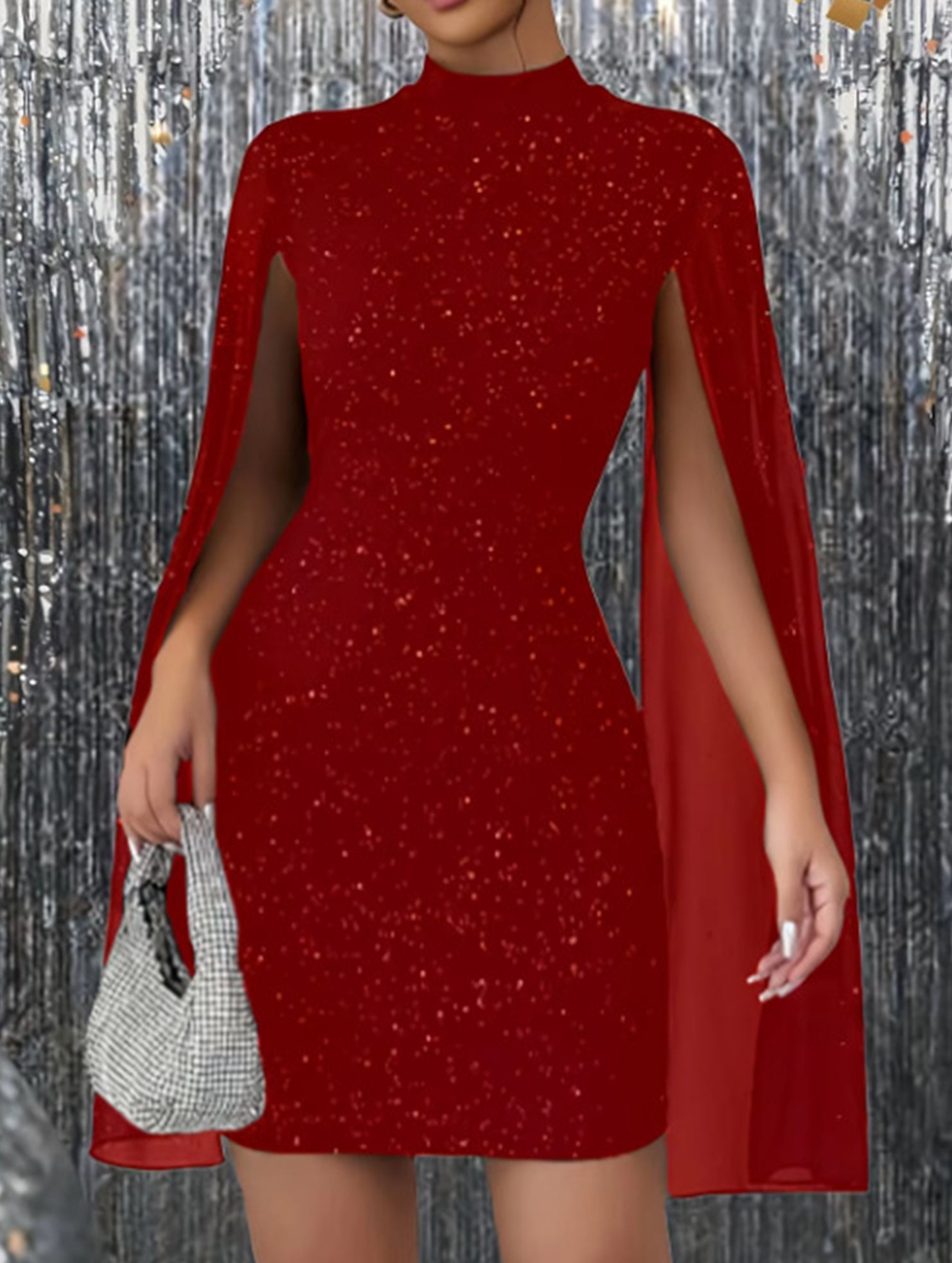 Round neck ribbed cape bodycon dress