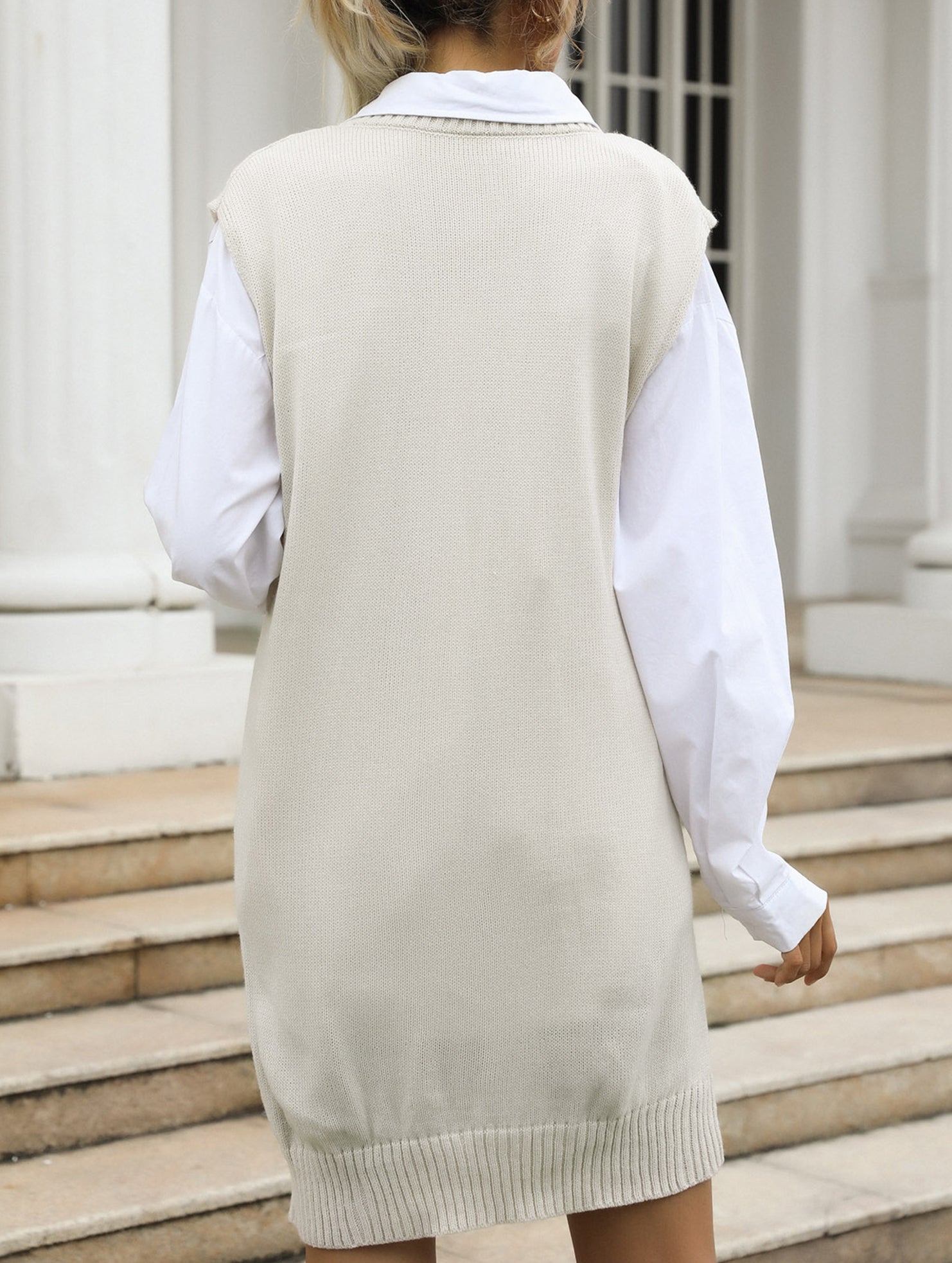 Casual V-neck argyle cable knit long sweater