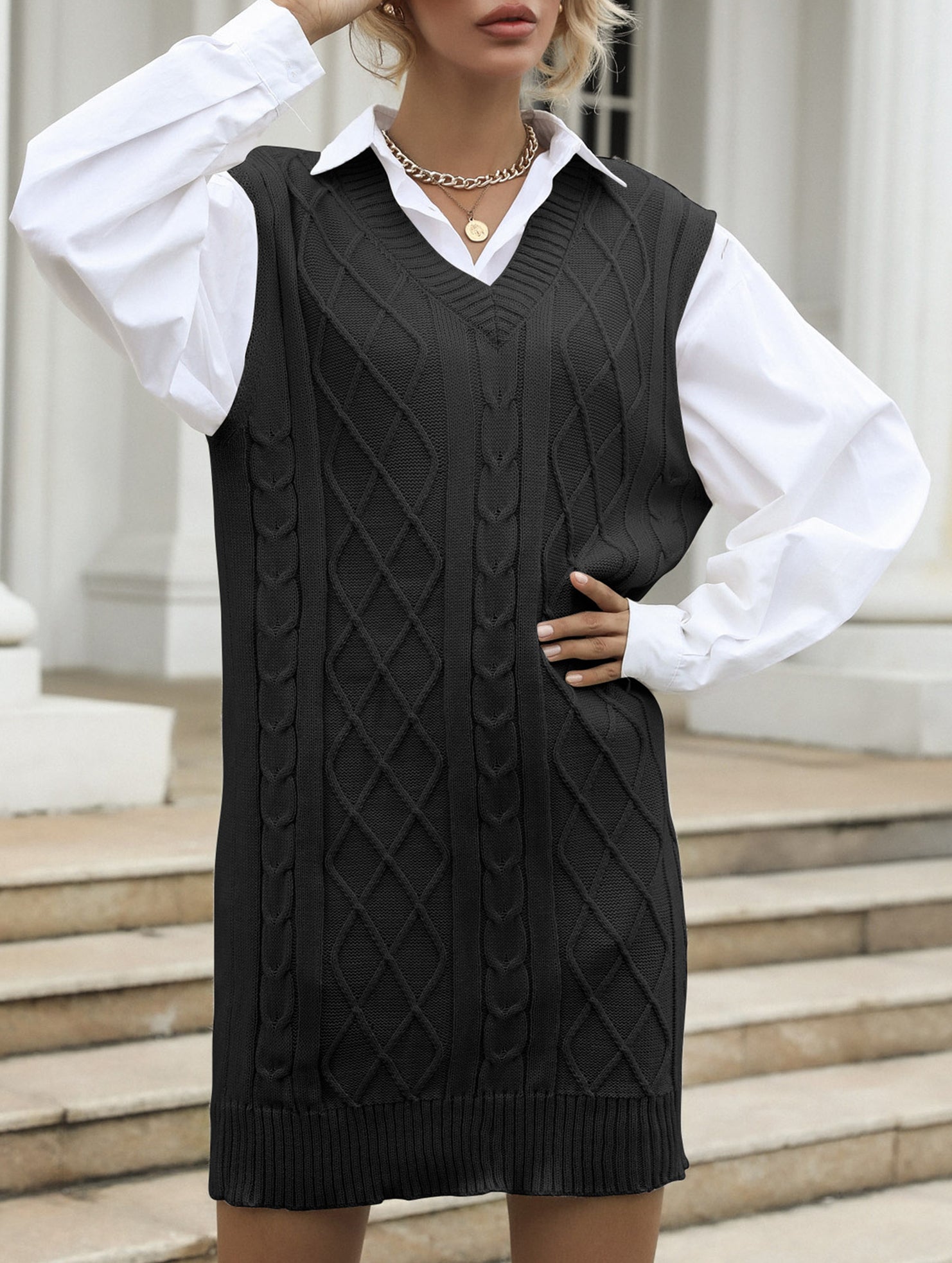 Casual V-neck argyle cable knit long sweater