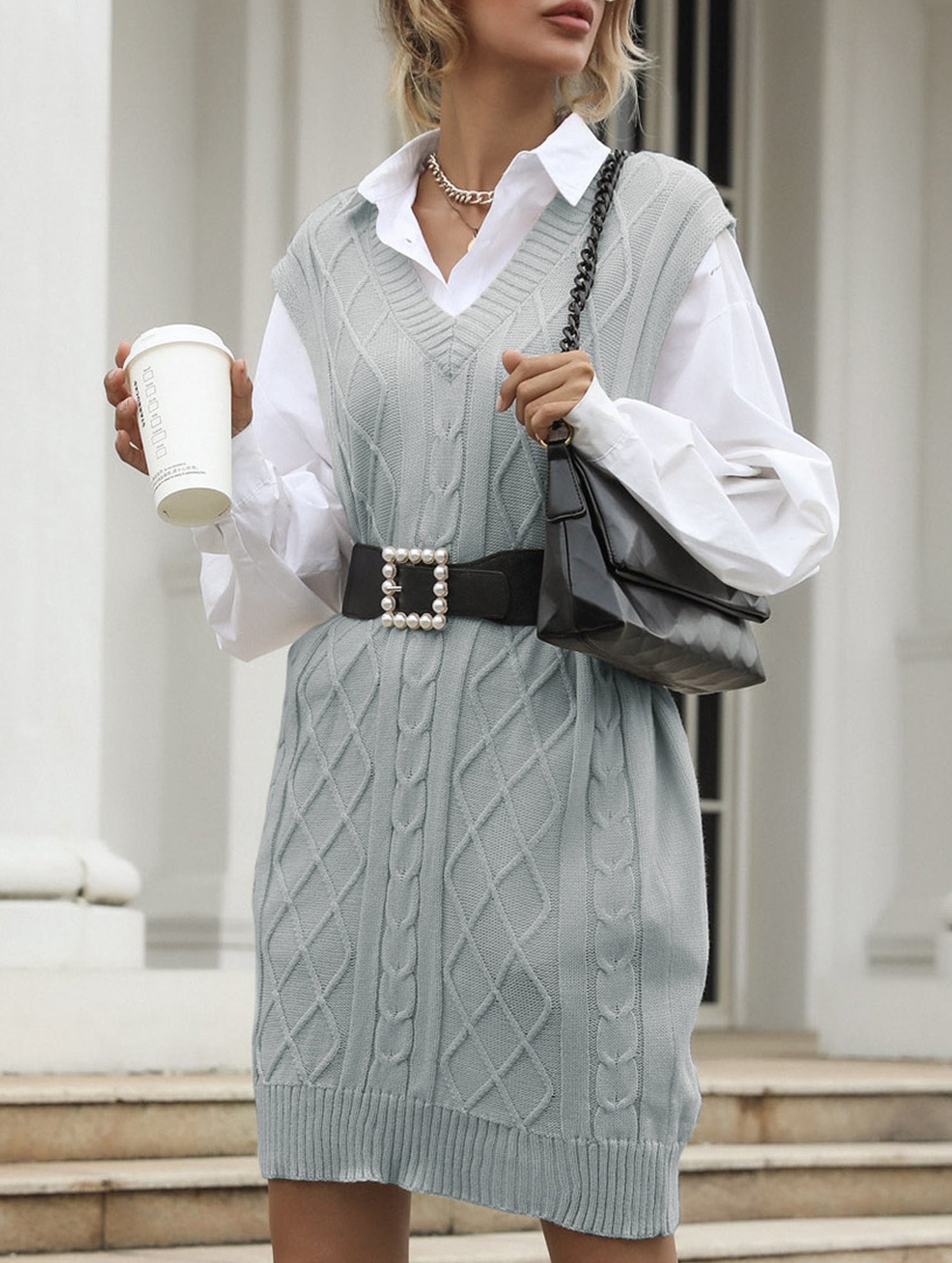 Casual V-neck argyle cable knit long sweater