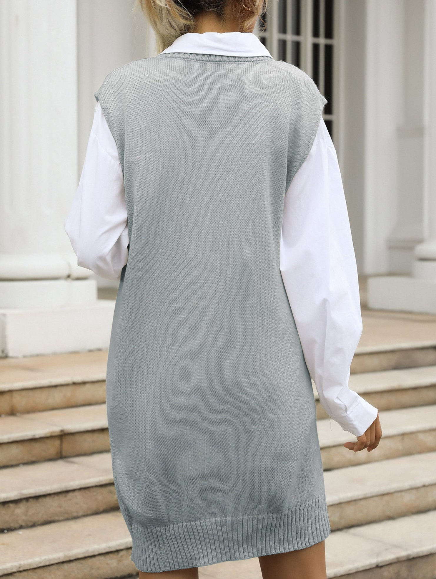 Casual V-neck argyle cable knit long sweater