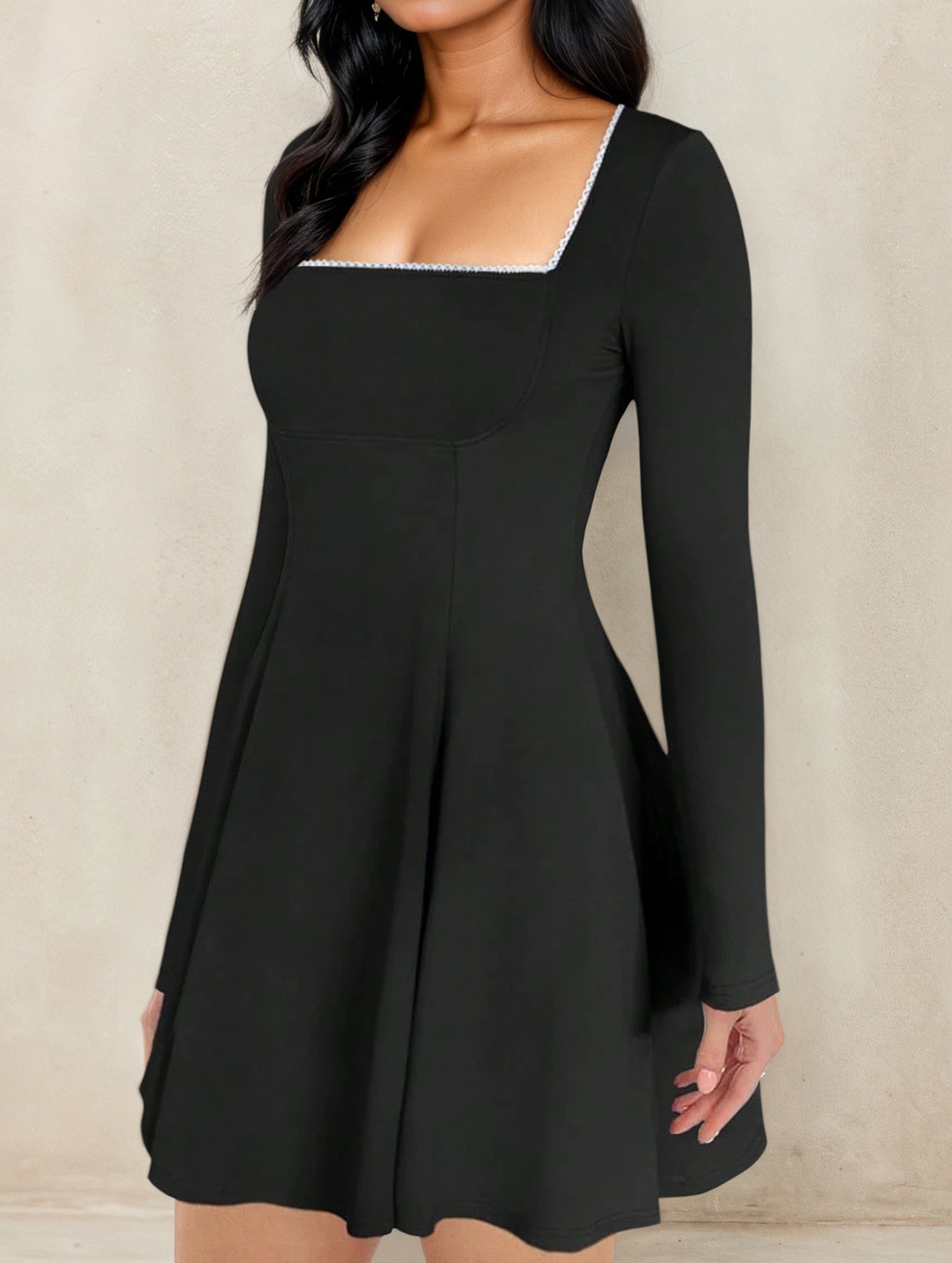 Lace-trimmed square neck A-line dress